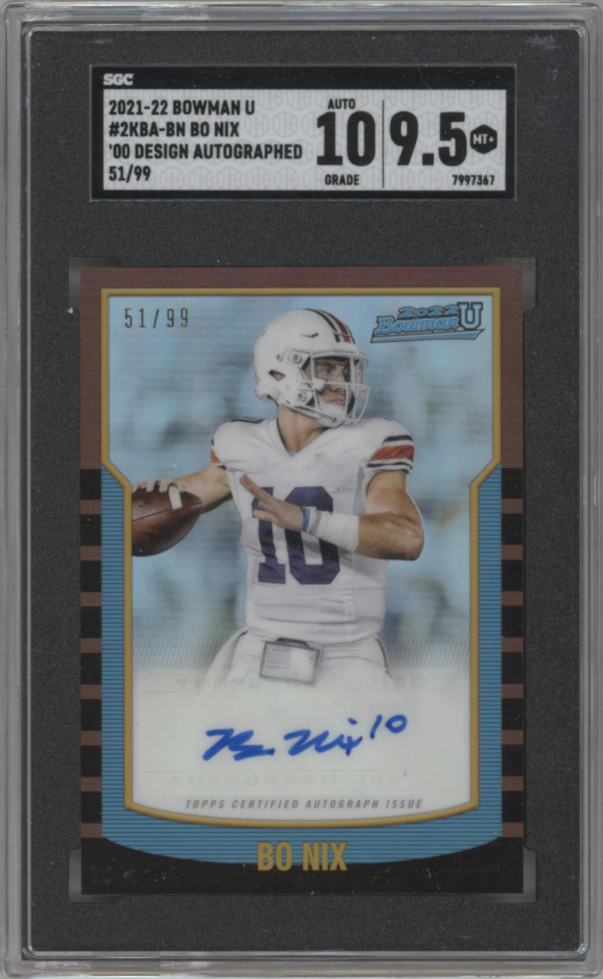 Bo Nix from the 2021-22 Bowman University set graded by SGC and given an overall grade of 9.5.