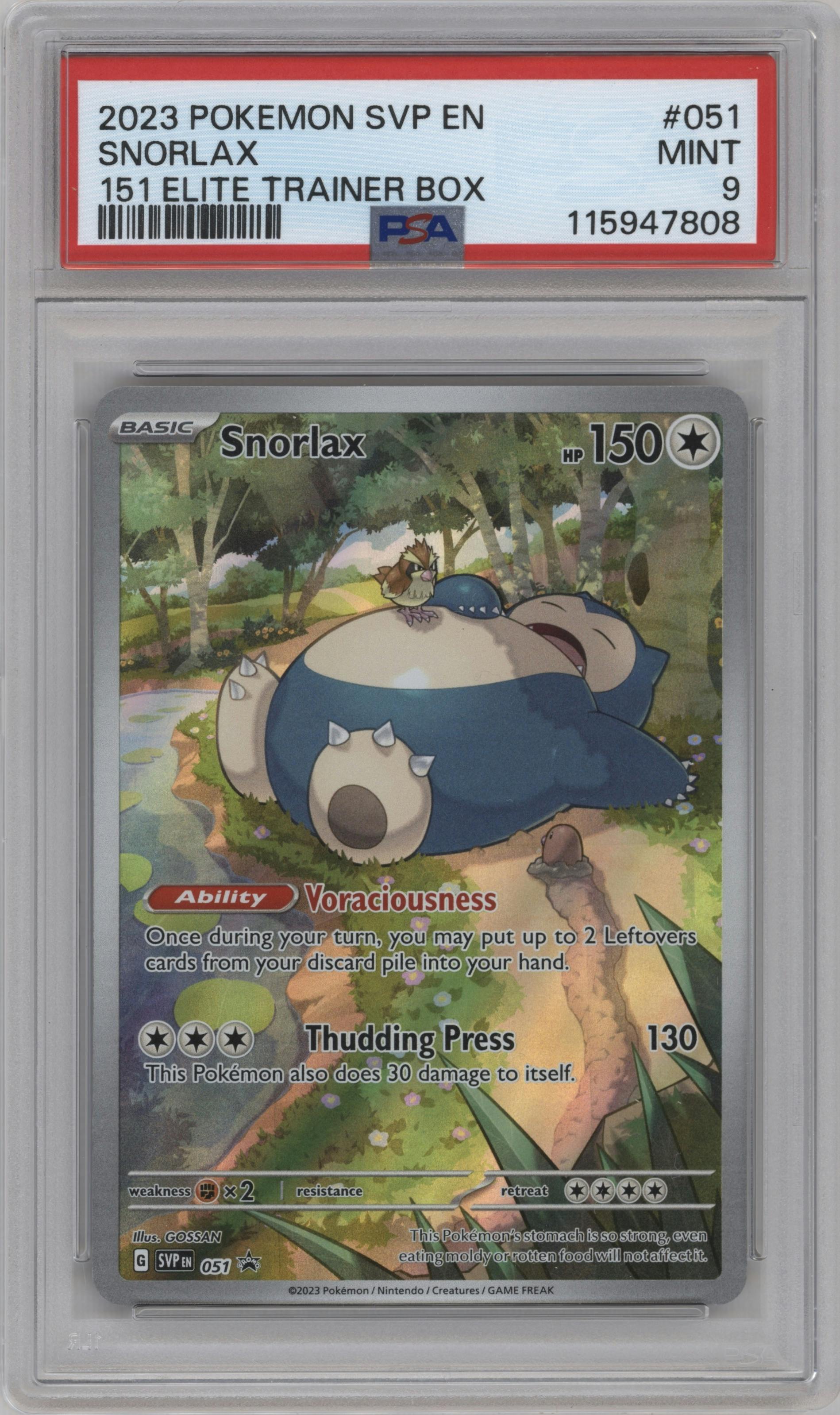Snorlax from the 2023 Pokemon SV set featuring a Scarlet & Violet 151 Elite Trainer Box parallel graded by PSA and given an overall grade of 9.