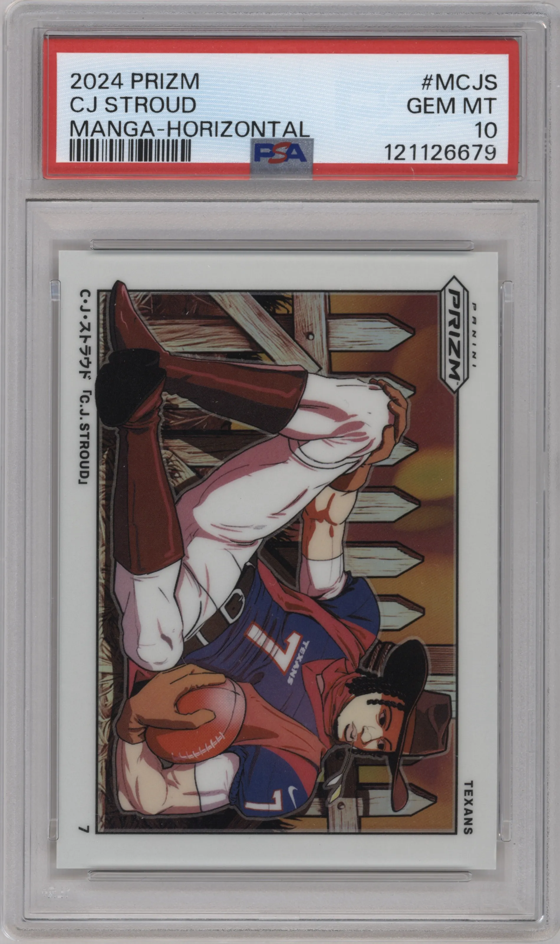 C.J. Stroud from the 2024 Panini Prizm set graded by PSA and given an overall grade of 10.