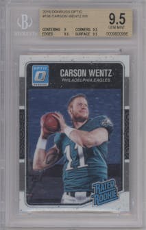 Carson Wentz from the 2016 Panini Donruss Optic set graded by Beckett and given an overall grade of 9.5.