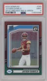 Jayden Daniels from the 2024 Donruss set featuring a Red and Green parallel graded by PSA and given an overall grade of 9.