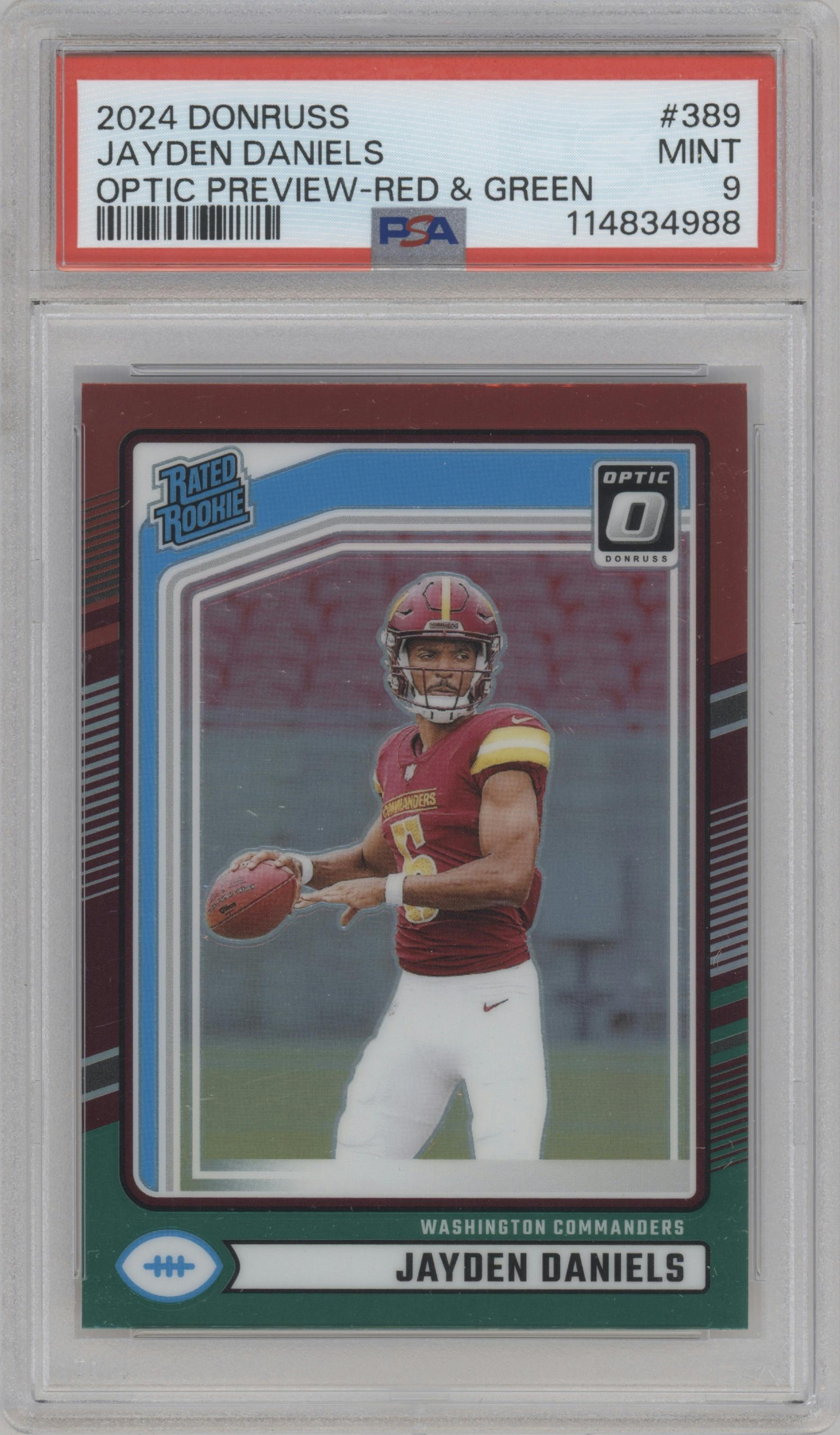 Jayden Daniels from the 2024 Donruss set featuring a Red and Green parallel graded by PSA and given an overall grade of 9.