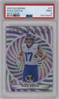 Puka Nacua from the 2023 Panini Illusions set graded by PSA and given an overall grade of 9.