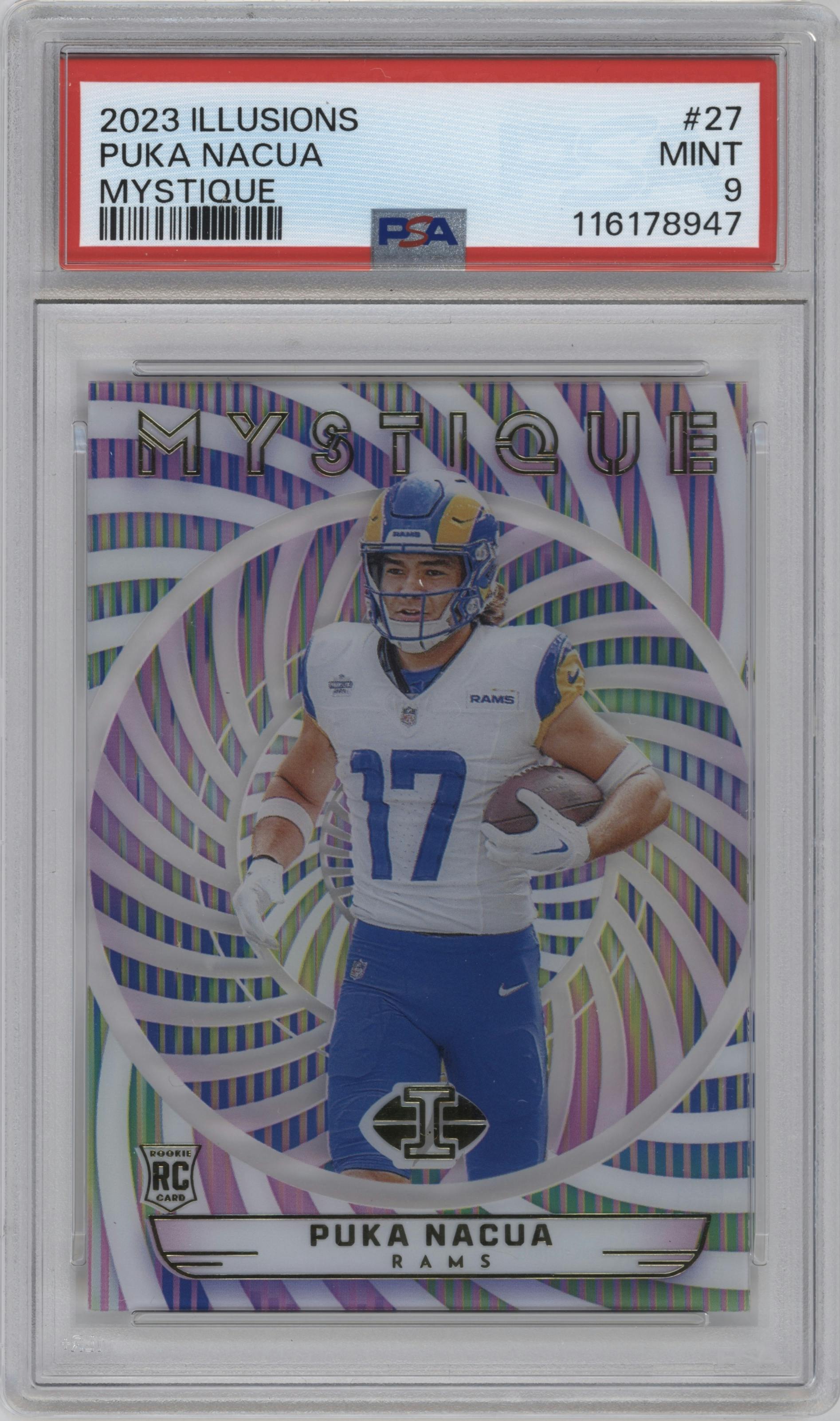 Puka Nacua from the 2023 Panini Illusions set graded by PSA and given an overall grade of 9.