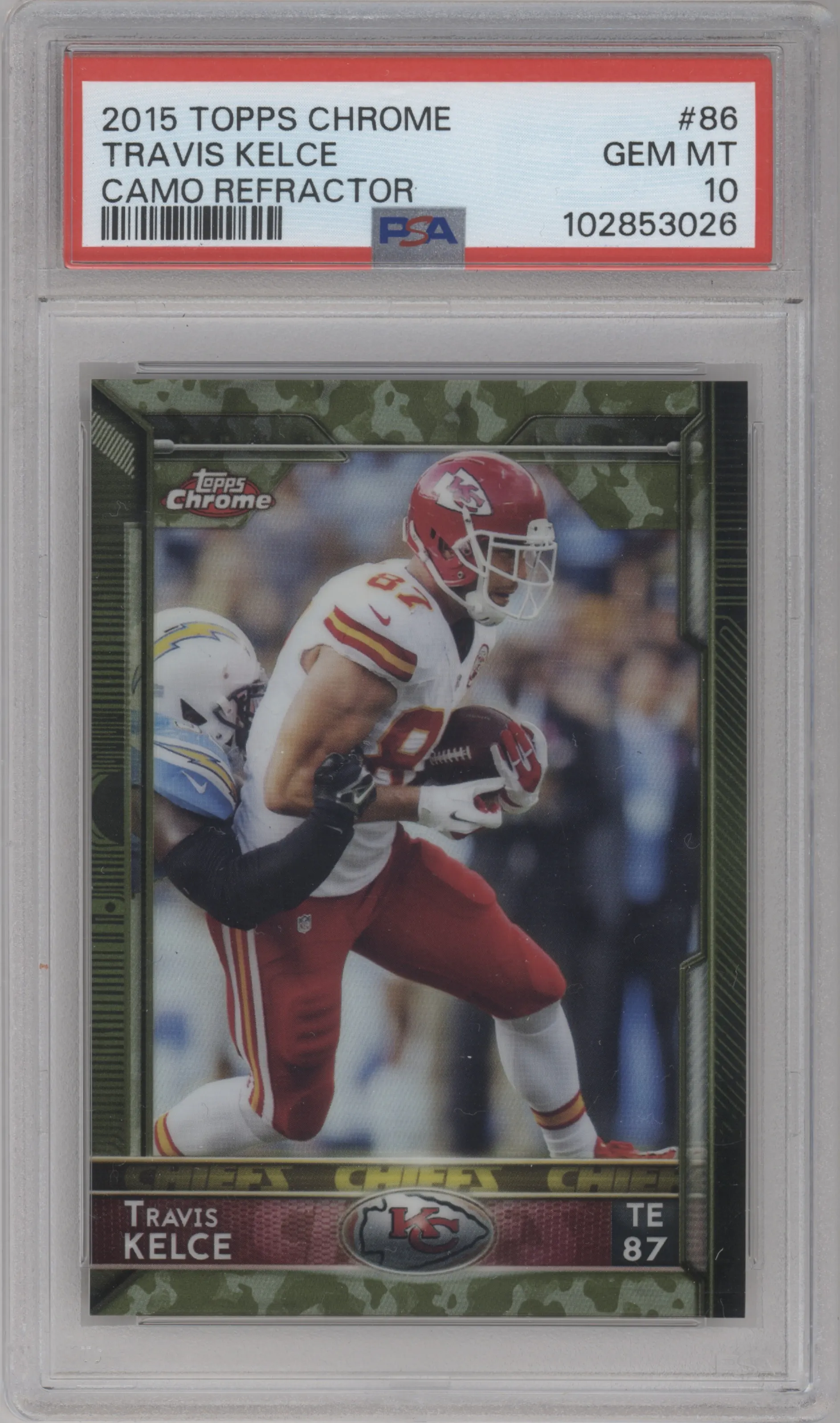 Travis Kelce from the 2015 Topps Chrome set featuring a STS Camo Refractor parallel graded by PSA and given an overall grade of 10.