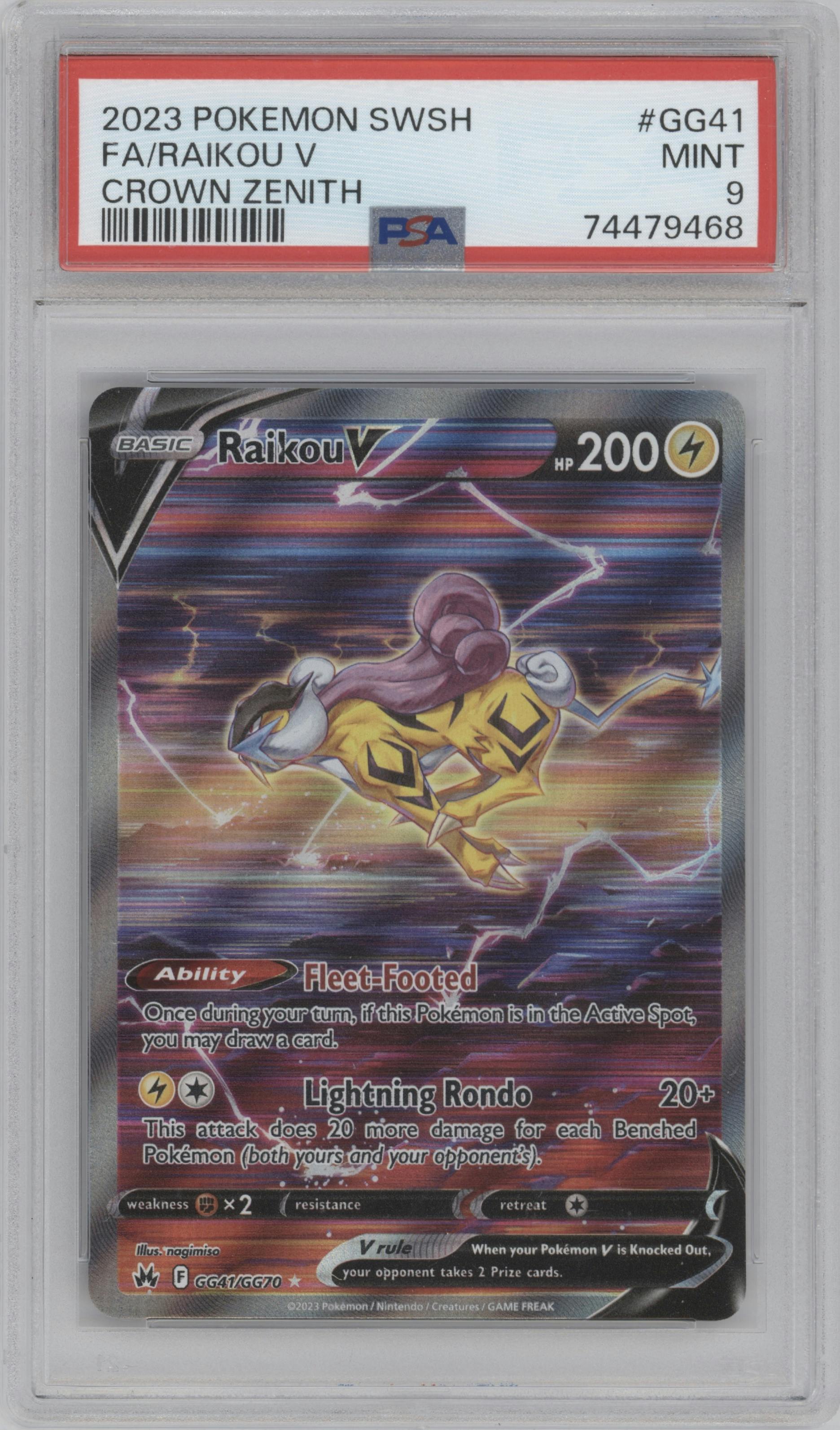 Raikou V from the 2023 Pokemon SWSH set graded by PSA and given an overall grade of 9.