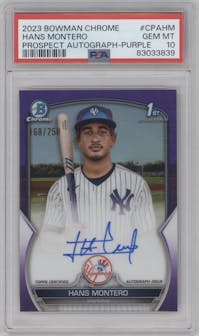 Hans Montero from the 2023 Bowman Chrome set featuring a Purple Refractor parallel graded by PSA and given an overall grade of 10.
