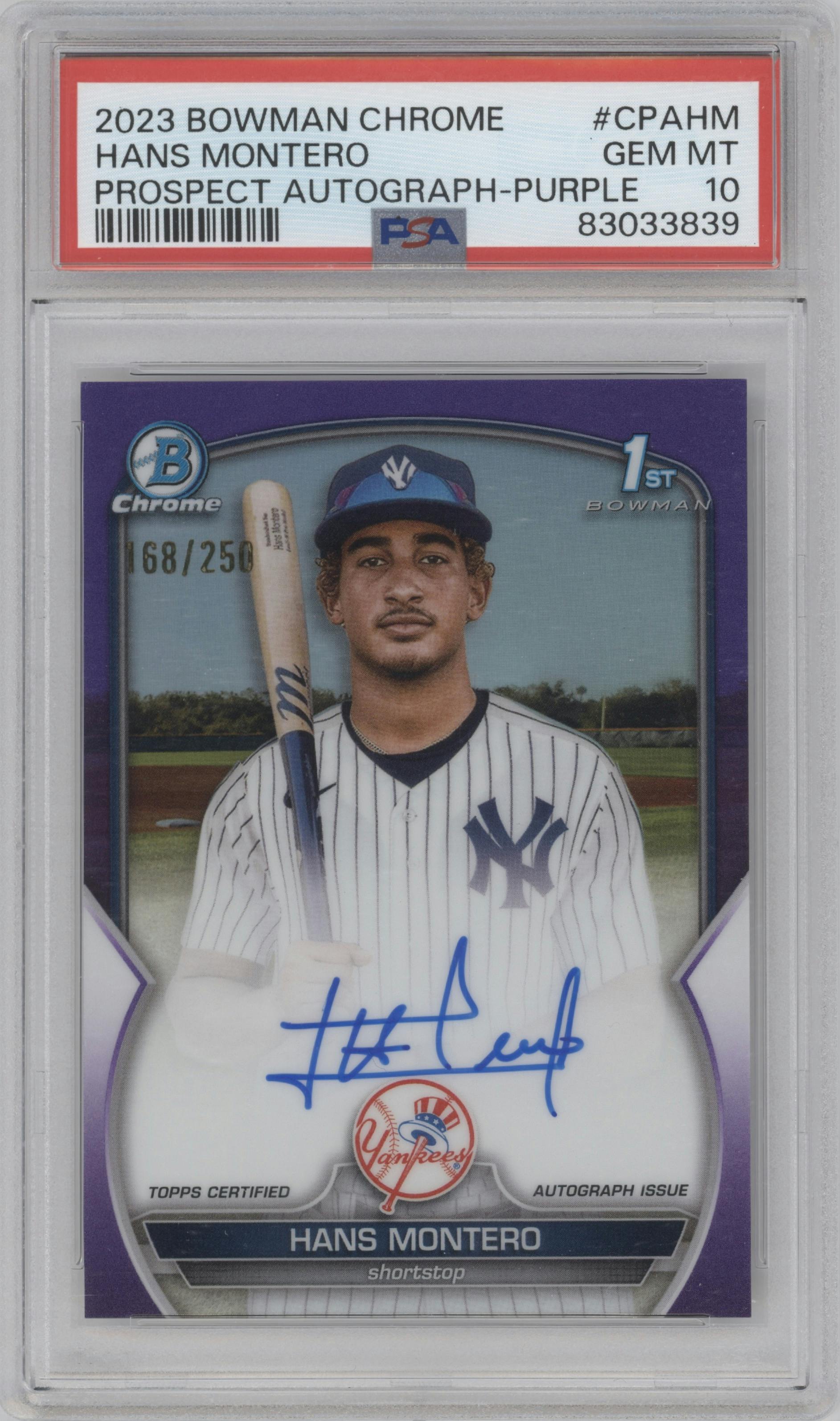 Hans Montero from the 2023 Bowman Chrome set featuring a Purple Refractor parallel graded by PSA and given an overall grade of 10.