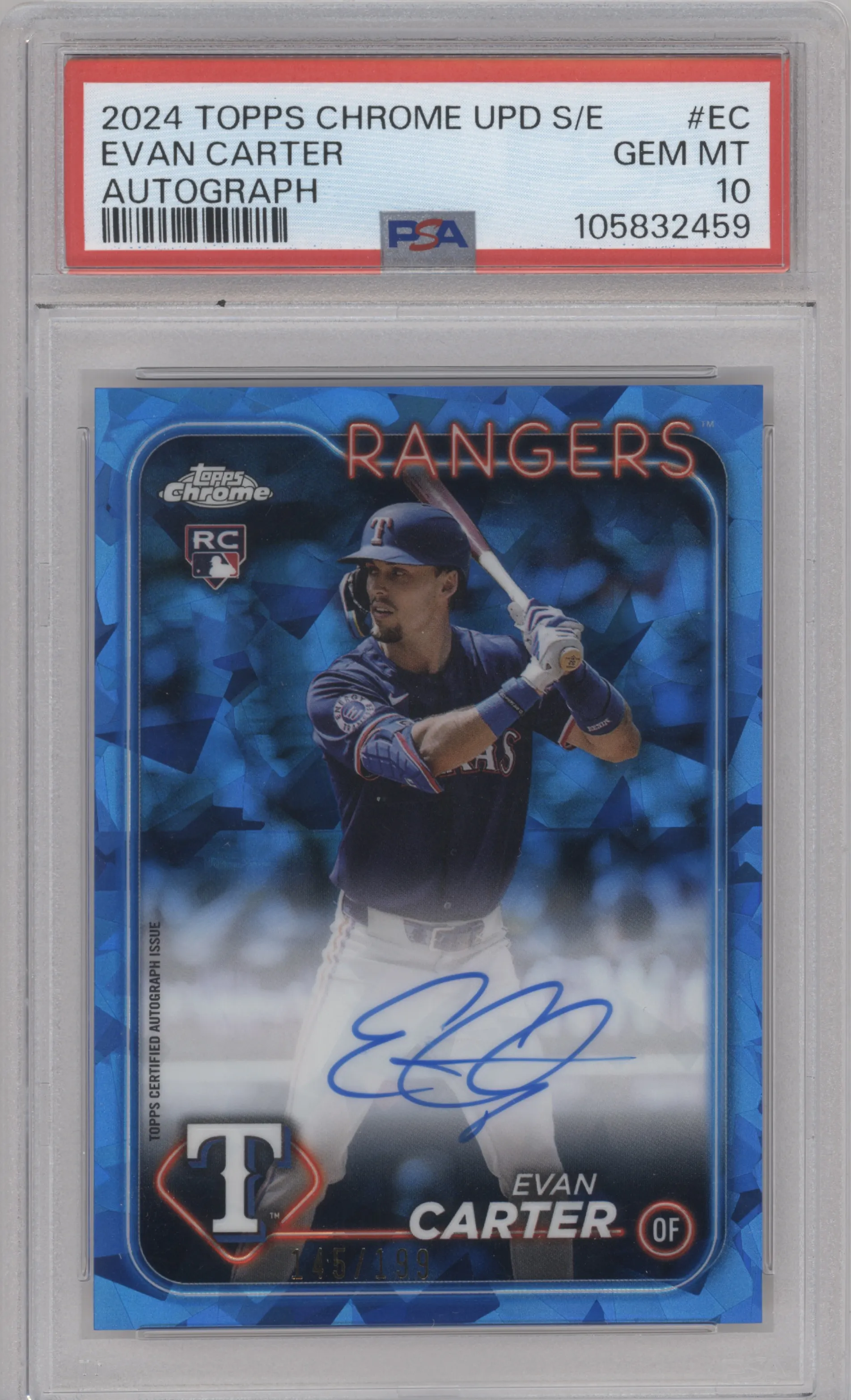 Evan Carter from the 2024 Topps Chrome Update Sapphire Edition set graded by PSA and given an overall grade of 10.