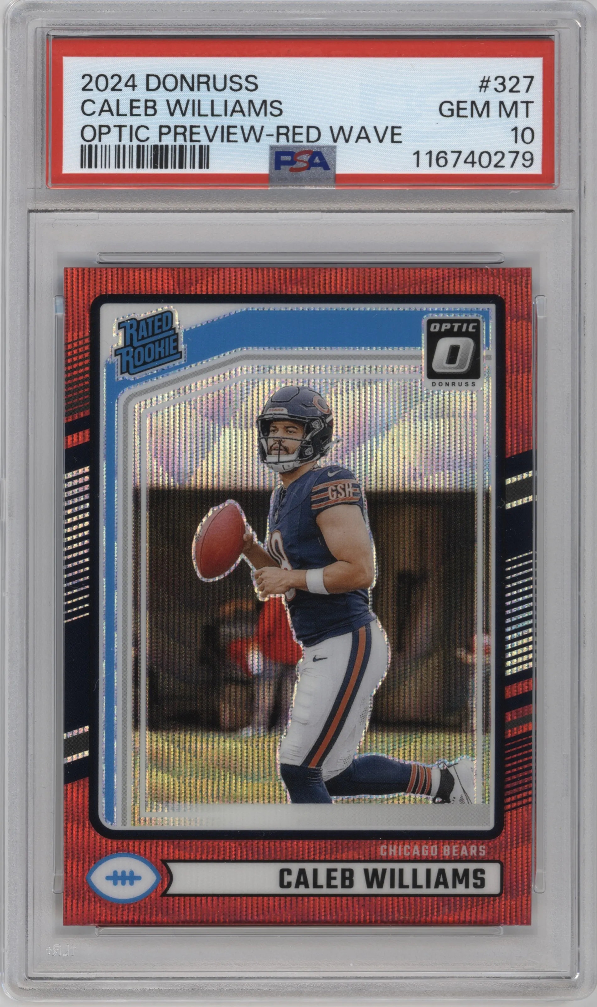 Caleb Williams from the 2024 Donruss set featuring a Red Wave parallel graded by PSA and given an overall grade of 10.