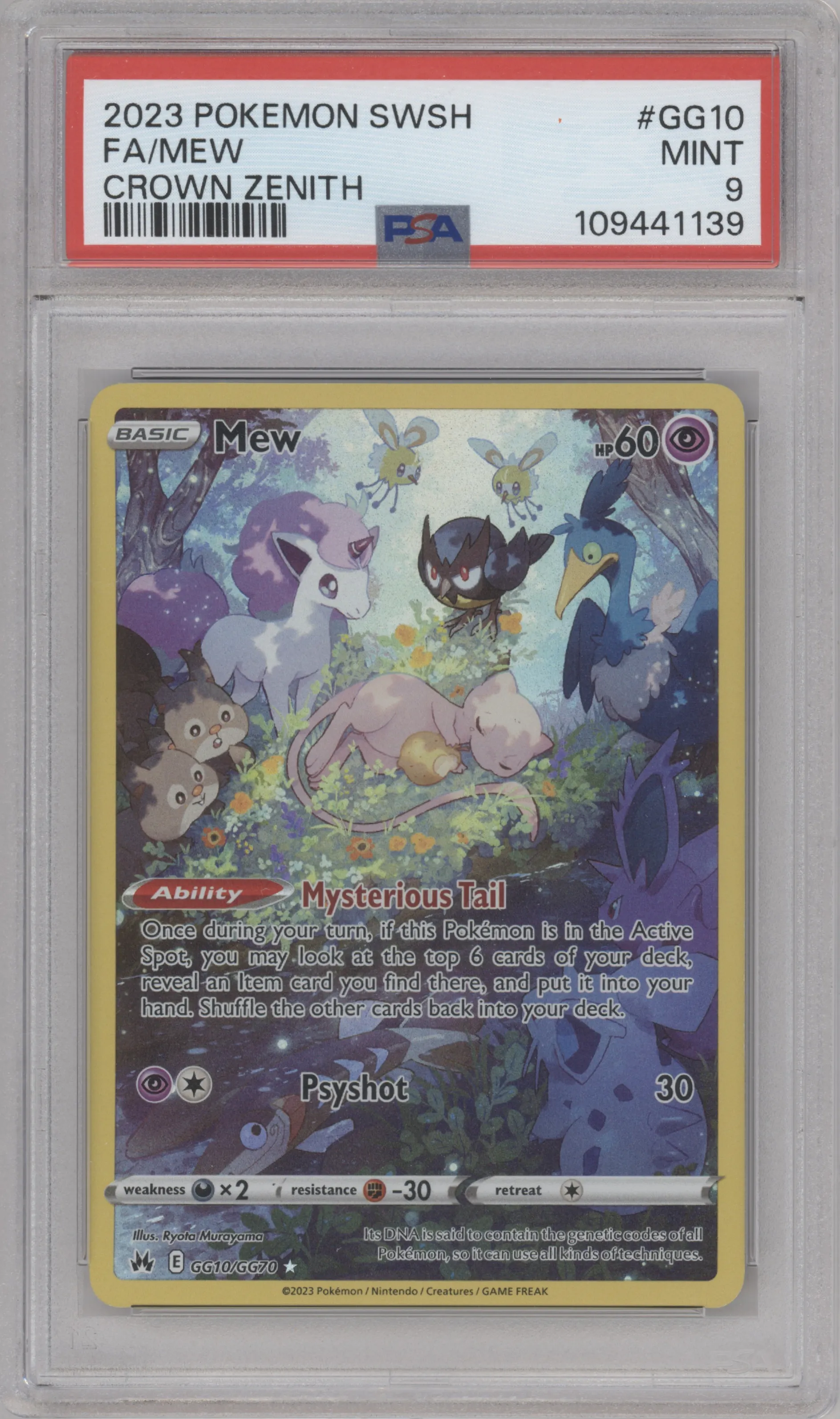 Mew from the 2023 Pokemon SWSH set graded by PSA and given an overall grade of 9.