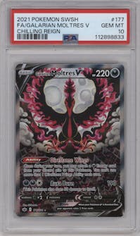 Galarian Moltres V from the 2021 Pokemon SWSH set graded by PSA and given an overall grade of 10.