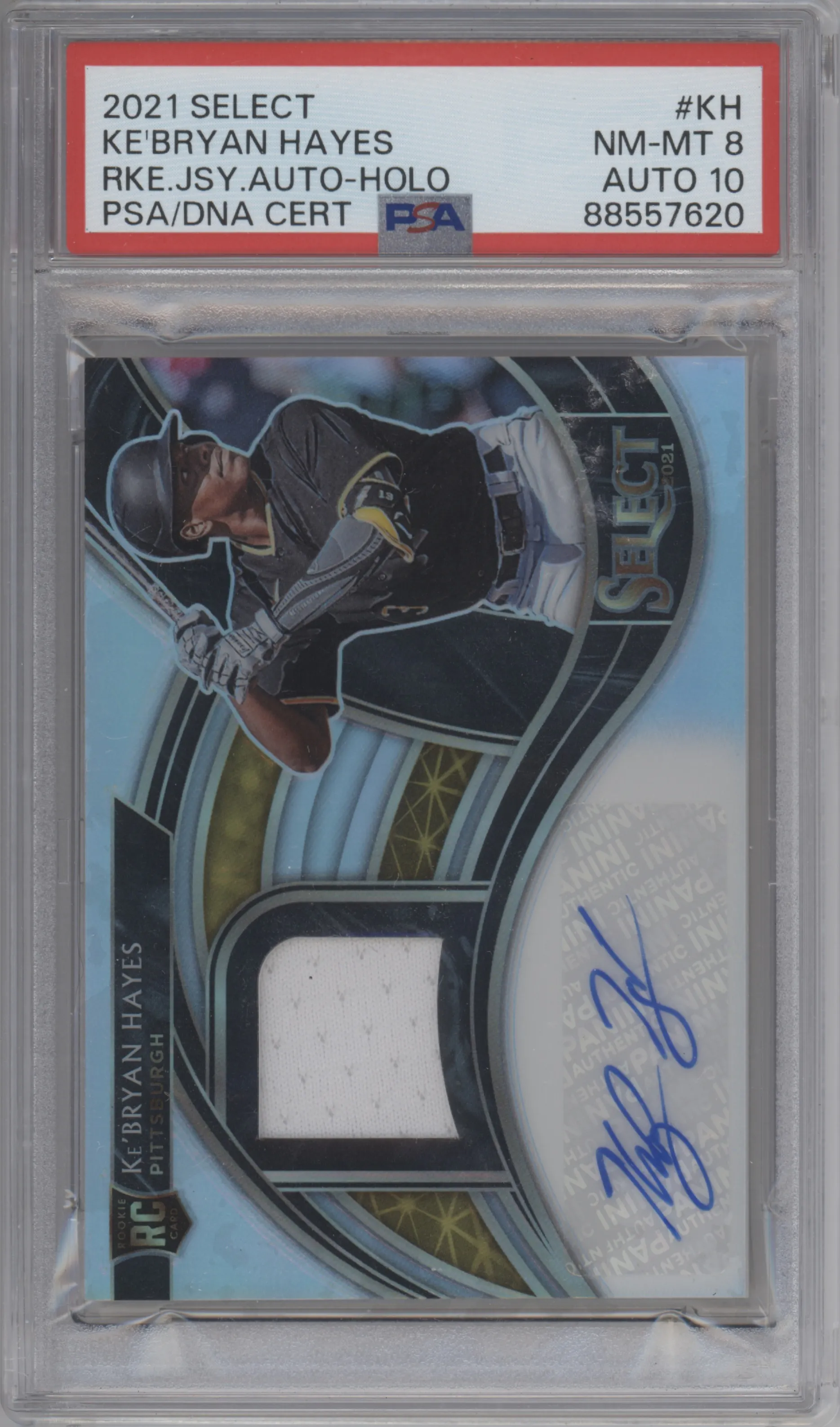 Ke'Bryan Hayes from the 2021 Panini Select set featuring a Holo parallel graded by PSA and given an overall grade of 8.