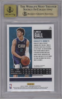 LaMelo Ball from the 2020-21 Panini Contenders set featuring a Finals parallel graded by Beckett and given an overall grade of 9.5.