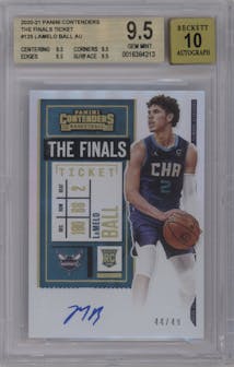 LaMelo Ball from the 2020-21 Panini Contenders set featuring a Finals parallel graded by Beckett and given an overall grade of 9.5.