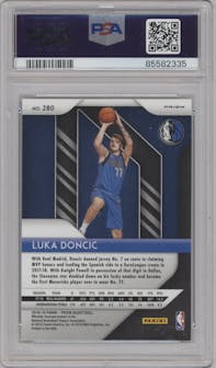 Luka Doncic from the 2018-19 Panini Prizm set featuring a Hyper parallel graded by PSA and given an overall grade of 9.