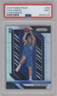 Luka Doncic from the 2018-19 Panini Prizm set featuring a Hyper parallel graded by PSA and given an overall grade of 9.