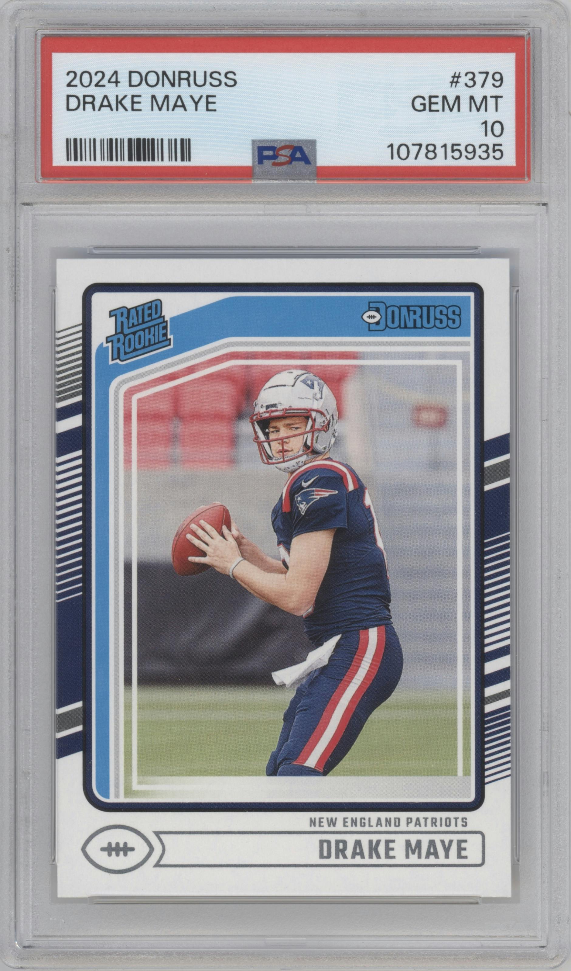 Drake Maye from the 2024 Donruss set graded by PSA and given an overall grade of 10.
