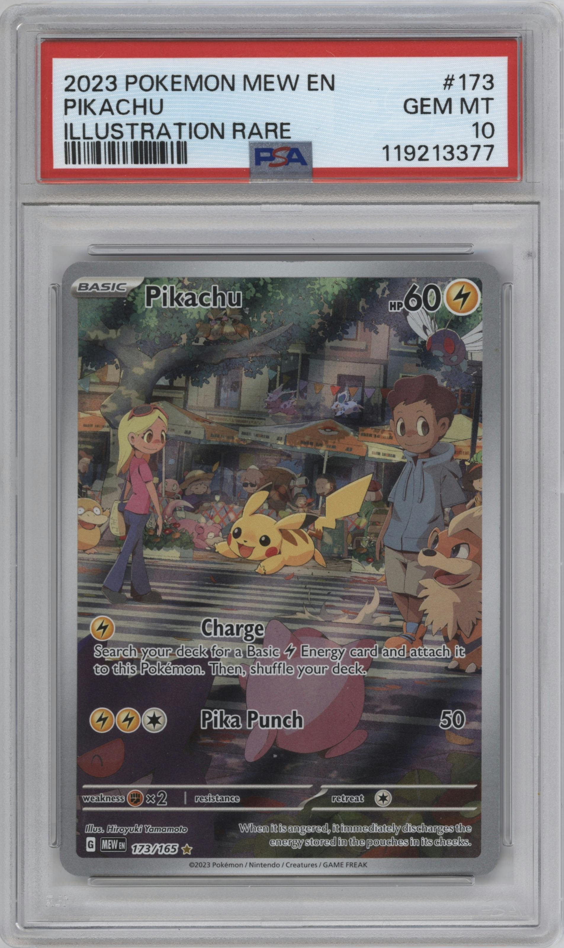 Pikachu from the 2023 Pokemon SV set graded by PSA and given an overall grade of 10.
