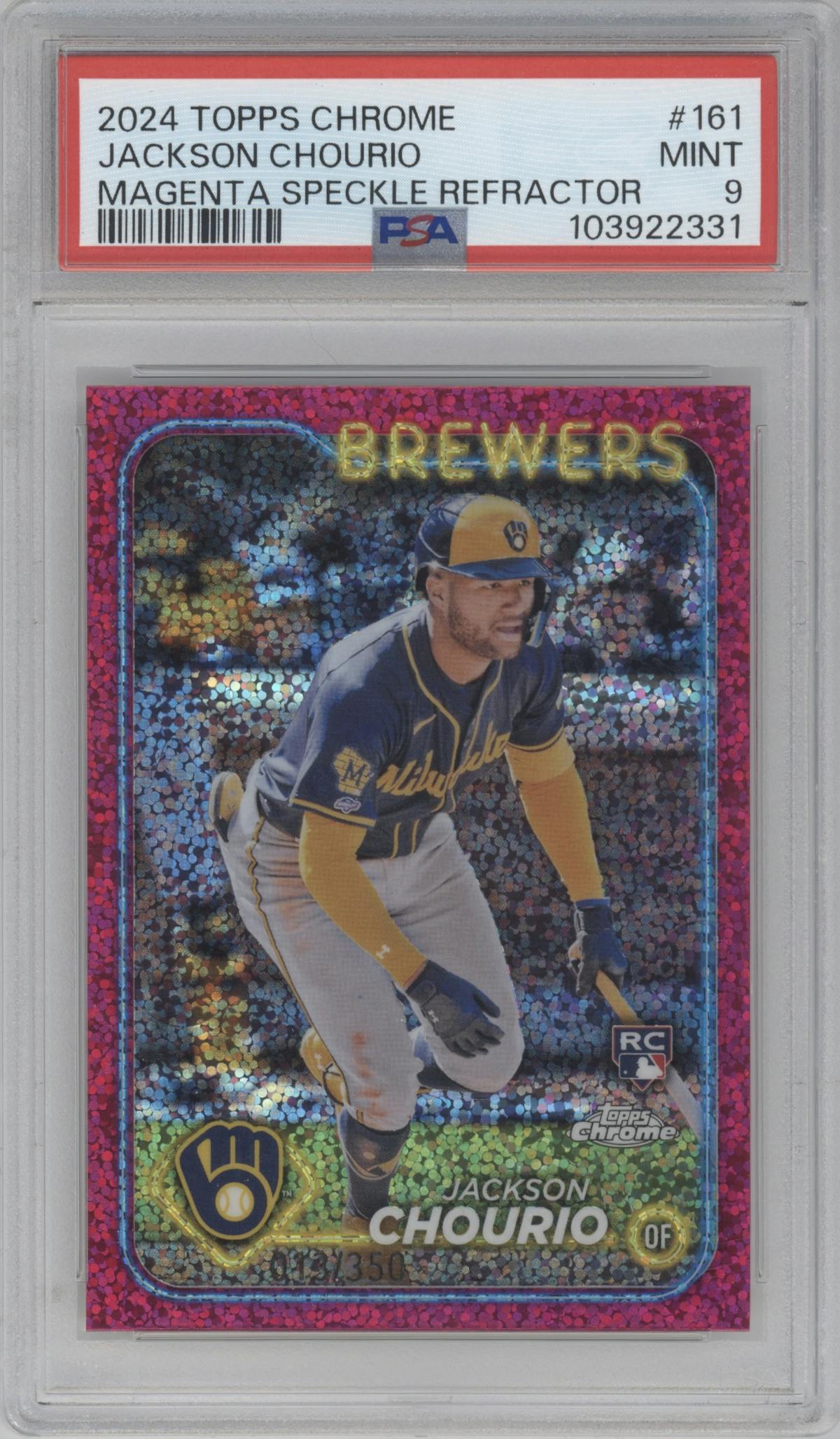 Jackson Chourio from the 2024 Topps Chrome set featuring a Magenta Speckle Refractor parallel graded by PSA and given an overall grade of 9.