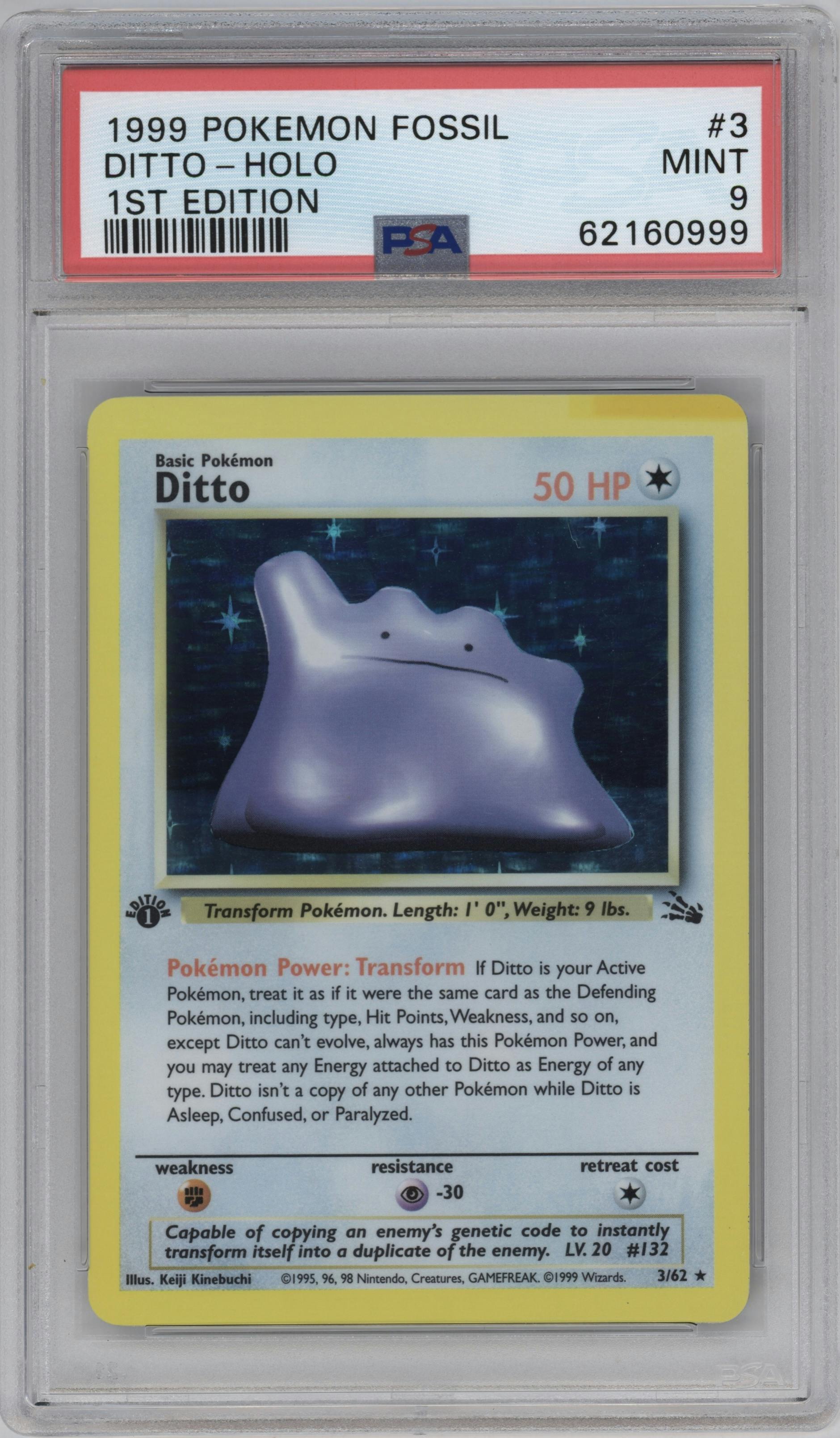 Ditto from the 1999 Pokemon set graded by PSA and given an overall grade of 9.