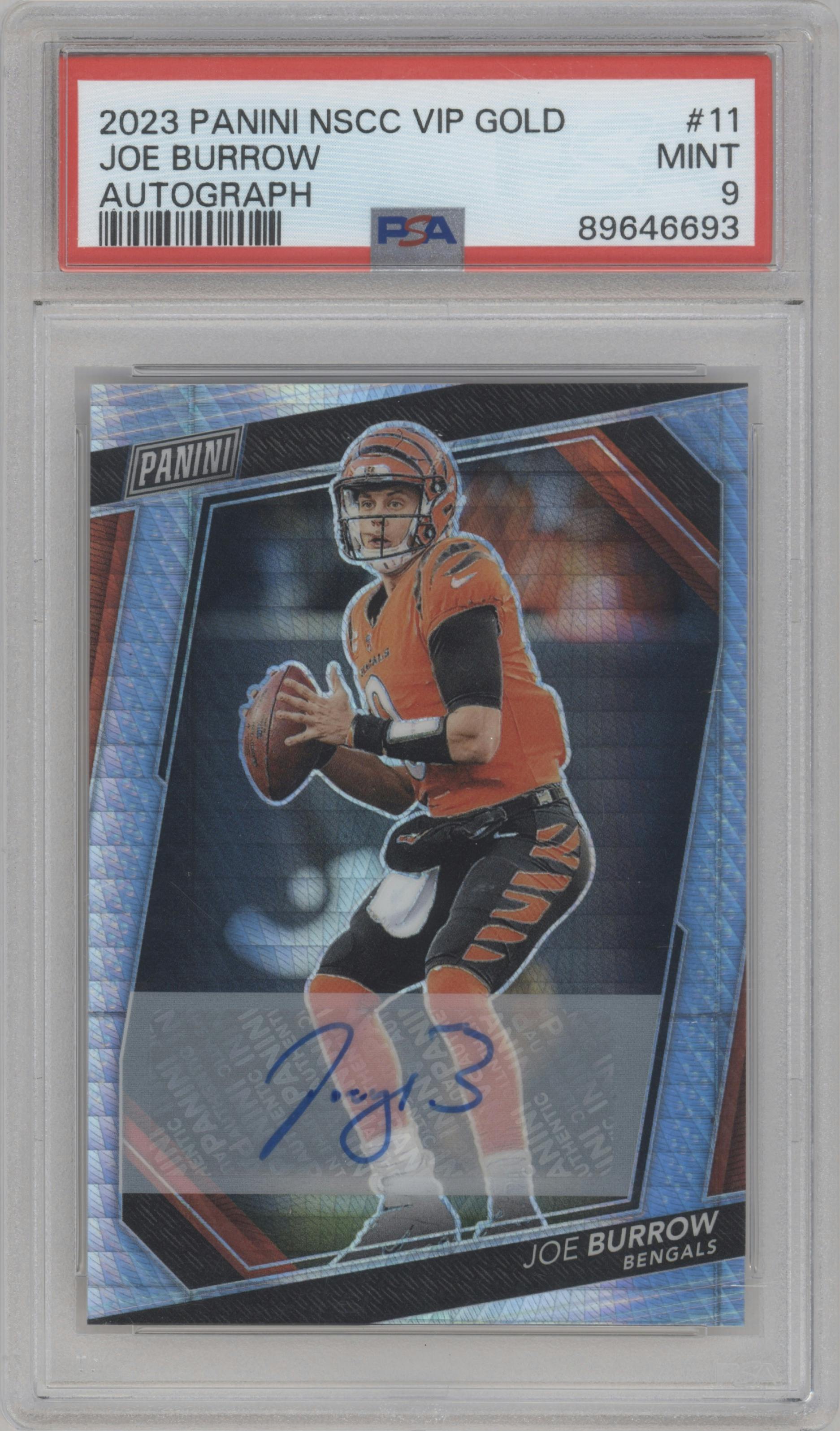 Joe Burrow from the 2023 Panini The National VIP set graded by PSA and given an overall grade of 9.