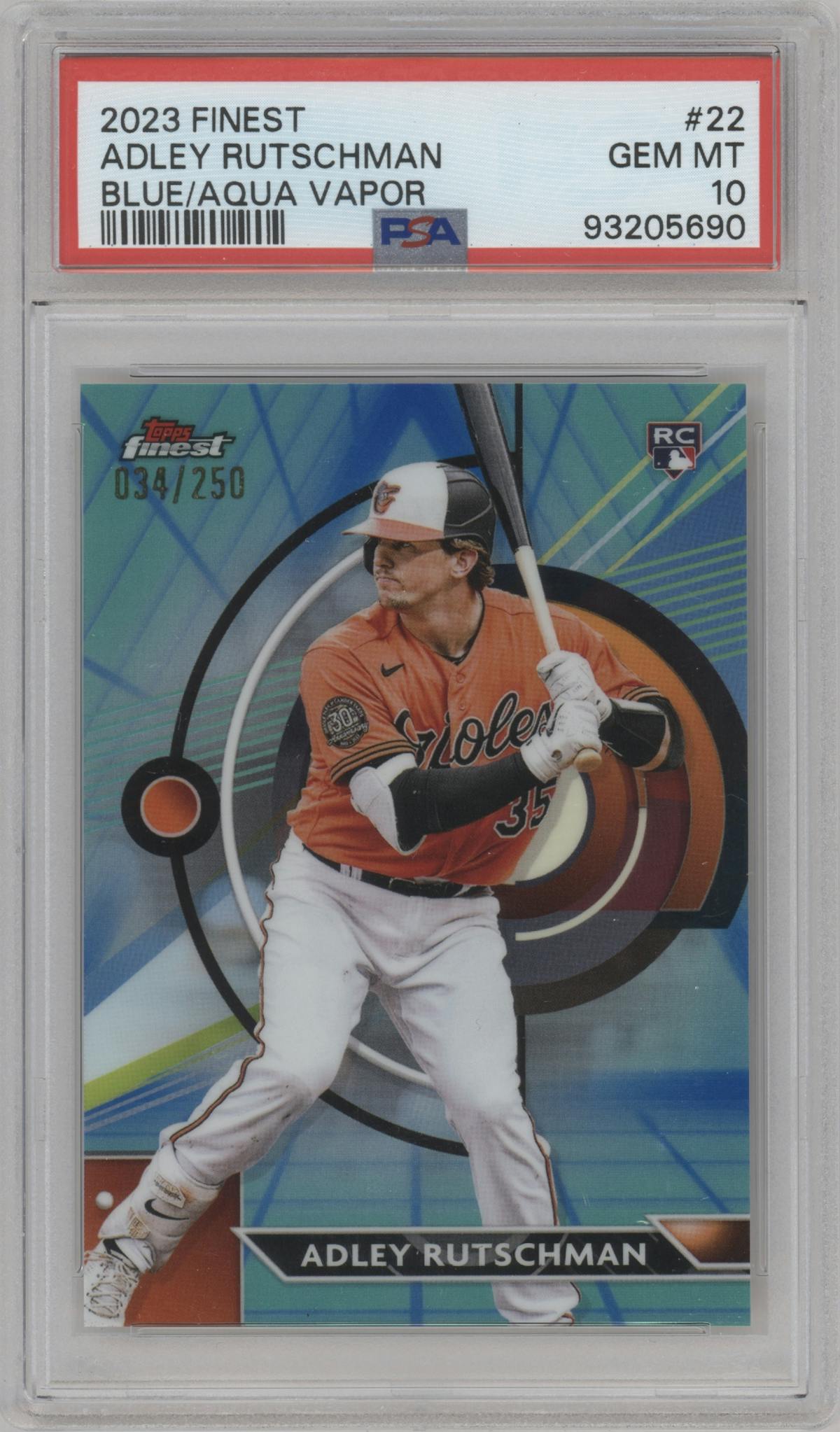 Adley Rutschman from the 2023 Topps Finest set featuring a Blue/Aqua Vapor Refractor parallel graded by PSA and given an overall grade of 10.