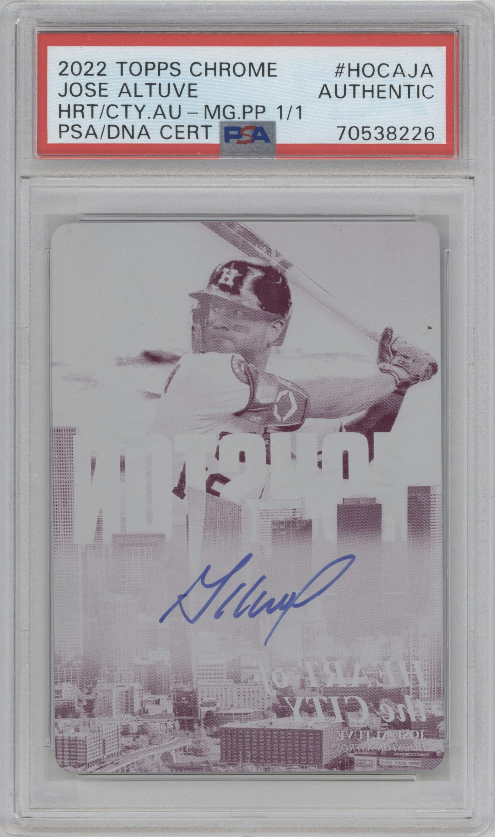 Jose Altuve from the 2022 Topps Chrome set featuring a Printing Plate Magenta parallel graded by PSA.