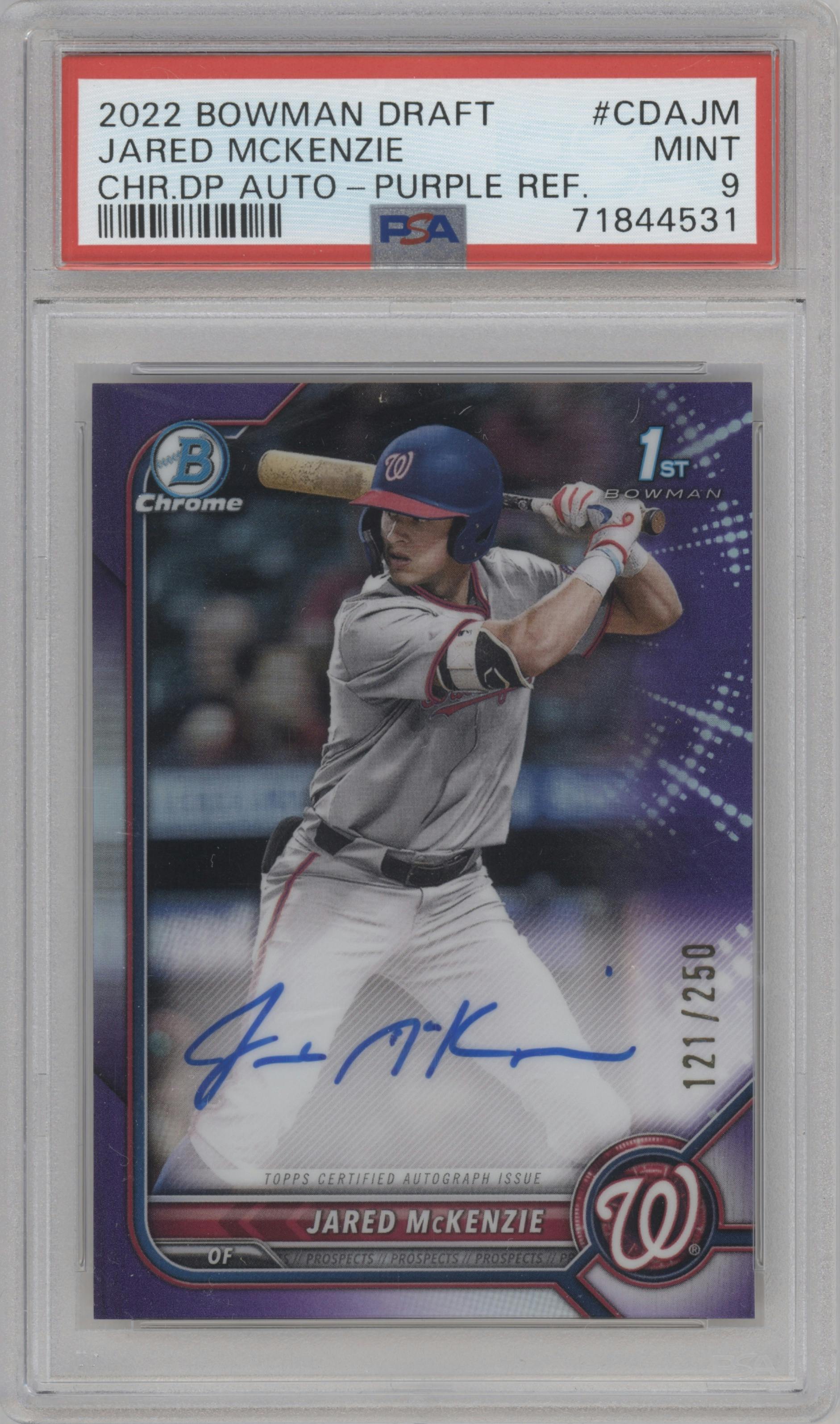 Jared McKenzie from the 2022 Bowman Draft set featuring a Purple Refractor parallel graded by PSA and given an overall grade of 9.