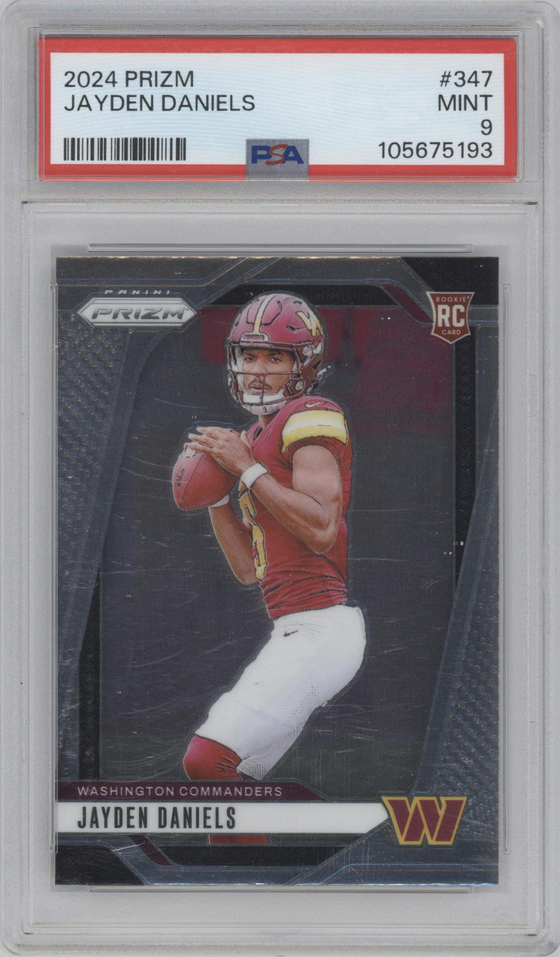 Jayden Daniels from the 2024 Panini Prizm set graded by PSA and given an overall grade of 9.