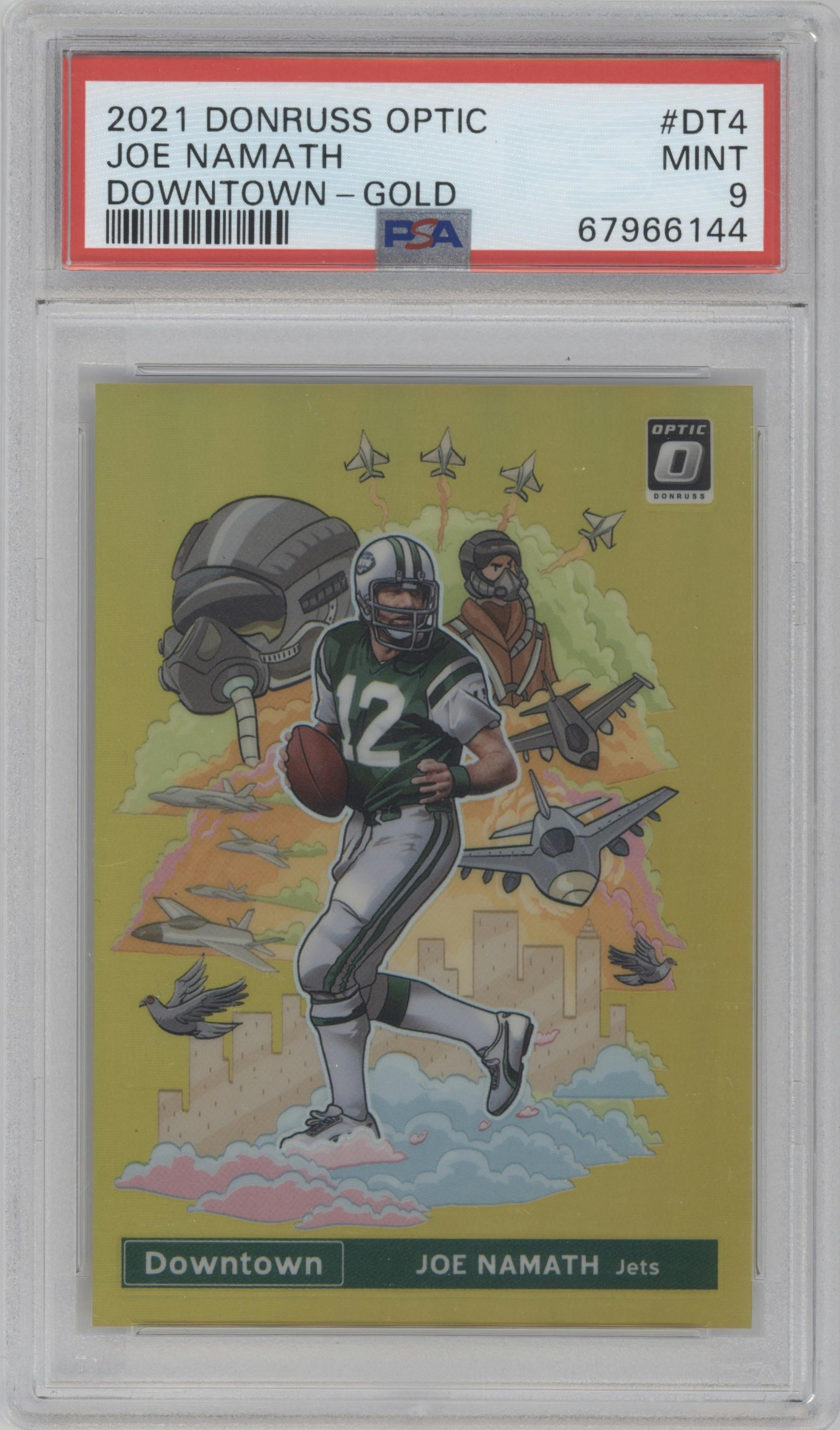 Joe Namath from the 2021 Panini Donruss Optic set featuring a Gold parallel graded by PSA and given an overall grade of 9.