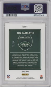 Joe Namath from the 2021 Panini Donruss Optic set featuring a Gold parallel graded by PSA and given an overall grade of 9.