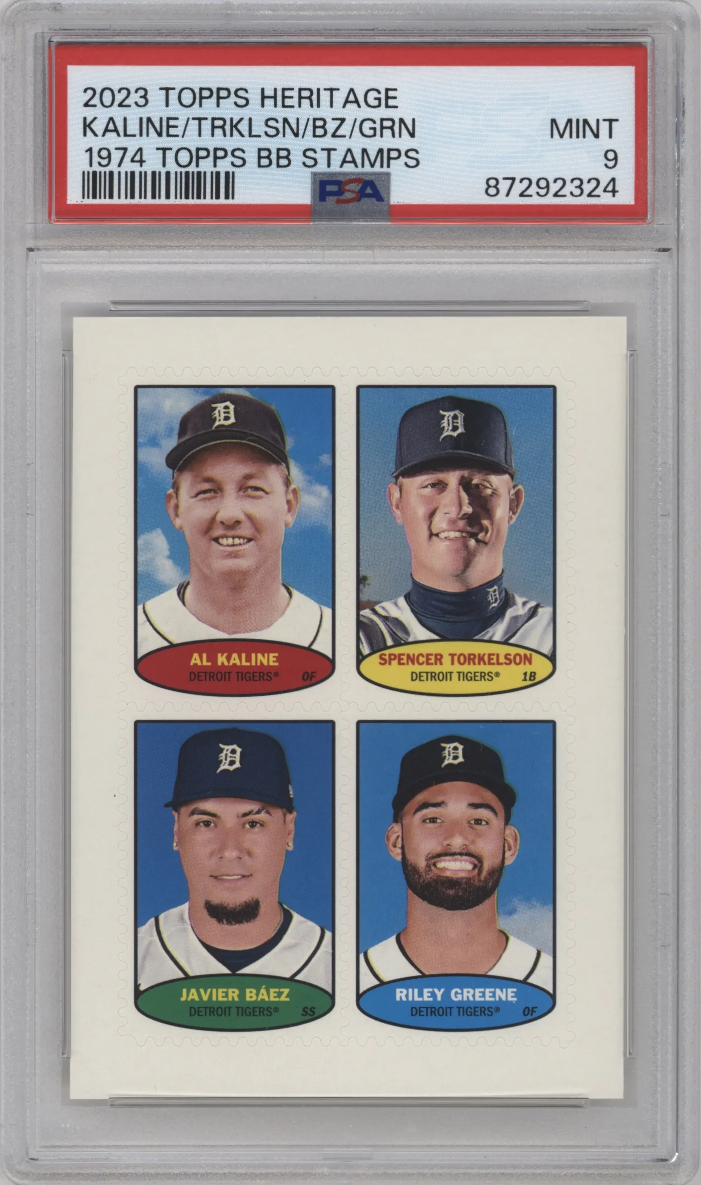 2023 Topps Heritage 1974 Topps Stamps Al Kaline/Spencer Torkelson/Javier Baez/Riley Greene PSA 9