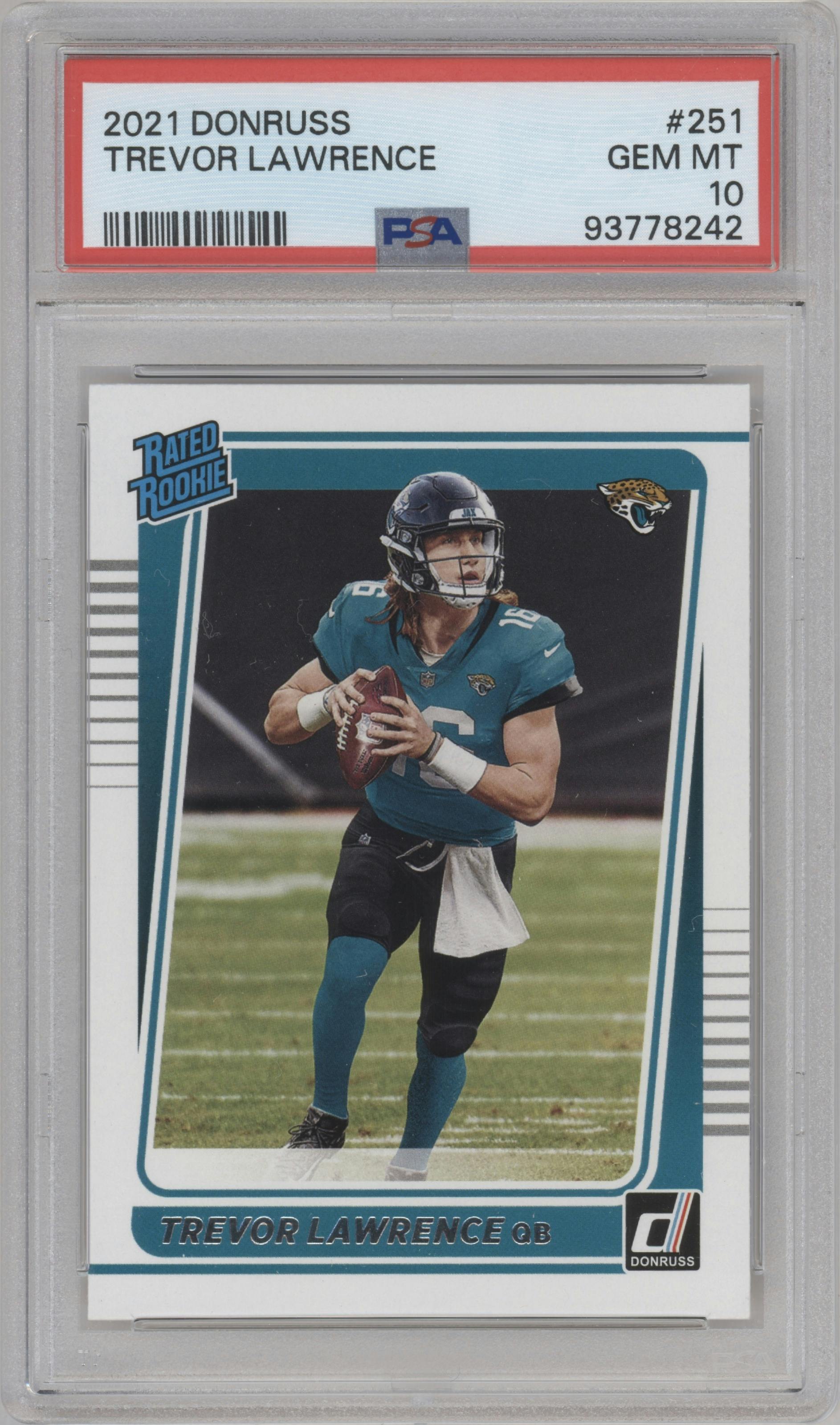 Trevor Lawrence from the 2021 Panini Donruss set graded by PSA and given an overall grade of 10.