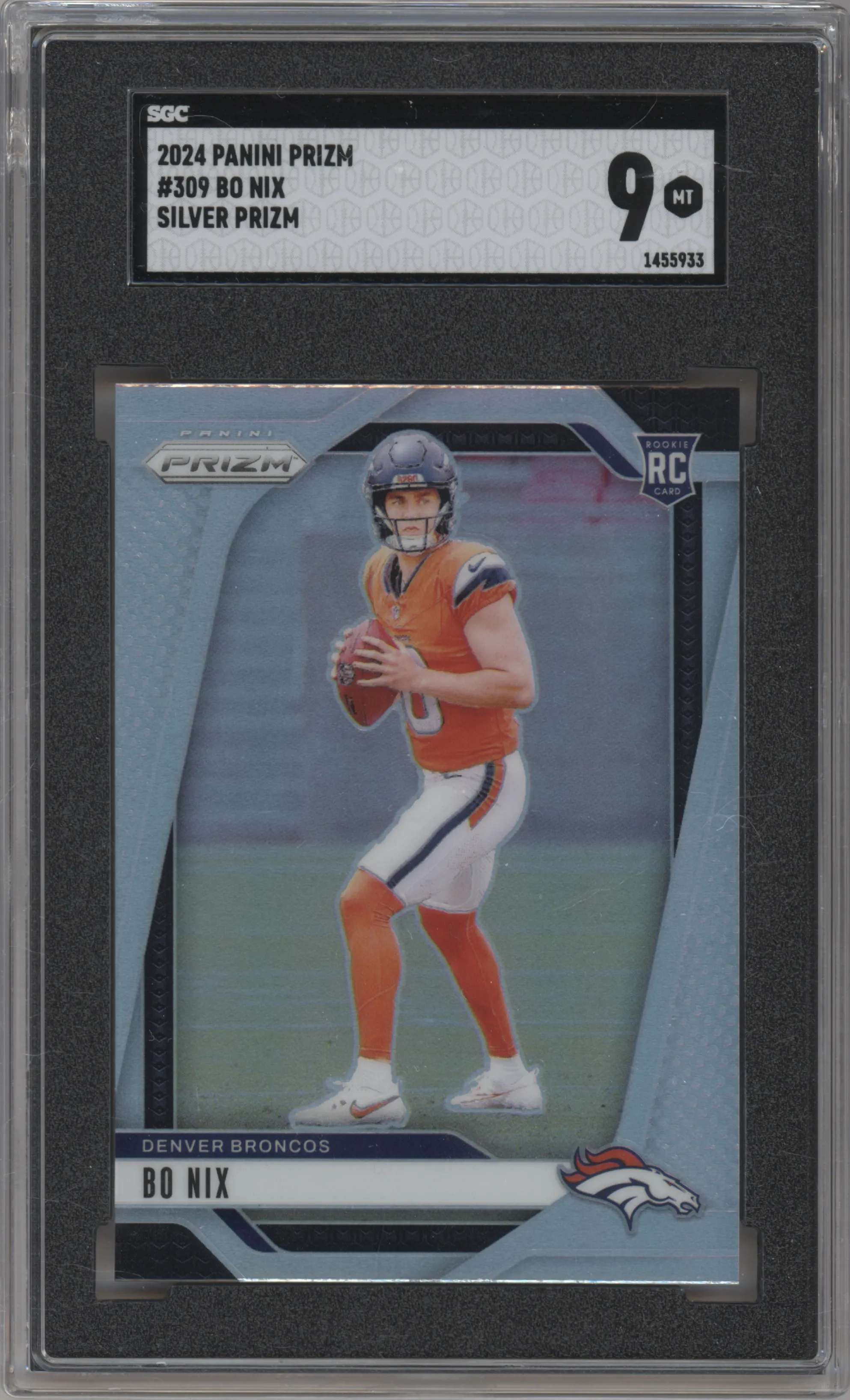 Bo Nix from the 2024 Panini Prizm set featuring a Silver Prizm parallel graded by SGC and given an overall grade of 9.