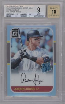 Aaron Judge from the 2017 Panini Donruss Optic set featuring a Carolina Blue parallel graded by Beckett and given an overall grade of 9.