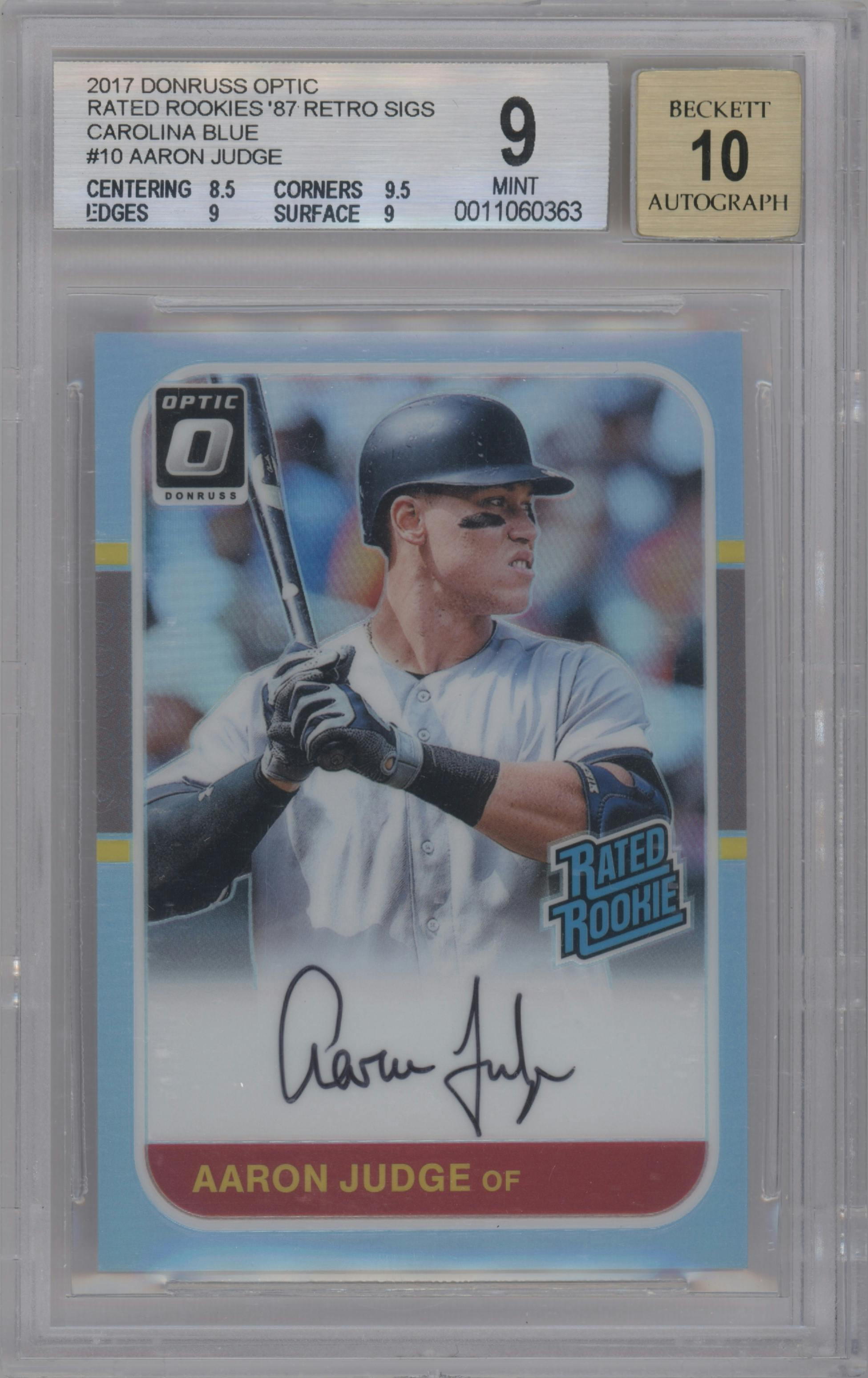 Aaron Judge from the 2017 Panini Donruss Optic set featuring a Carolina Blue parallel graded by Beckett and given an overall grade of 9.