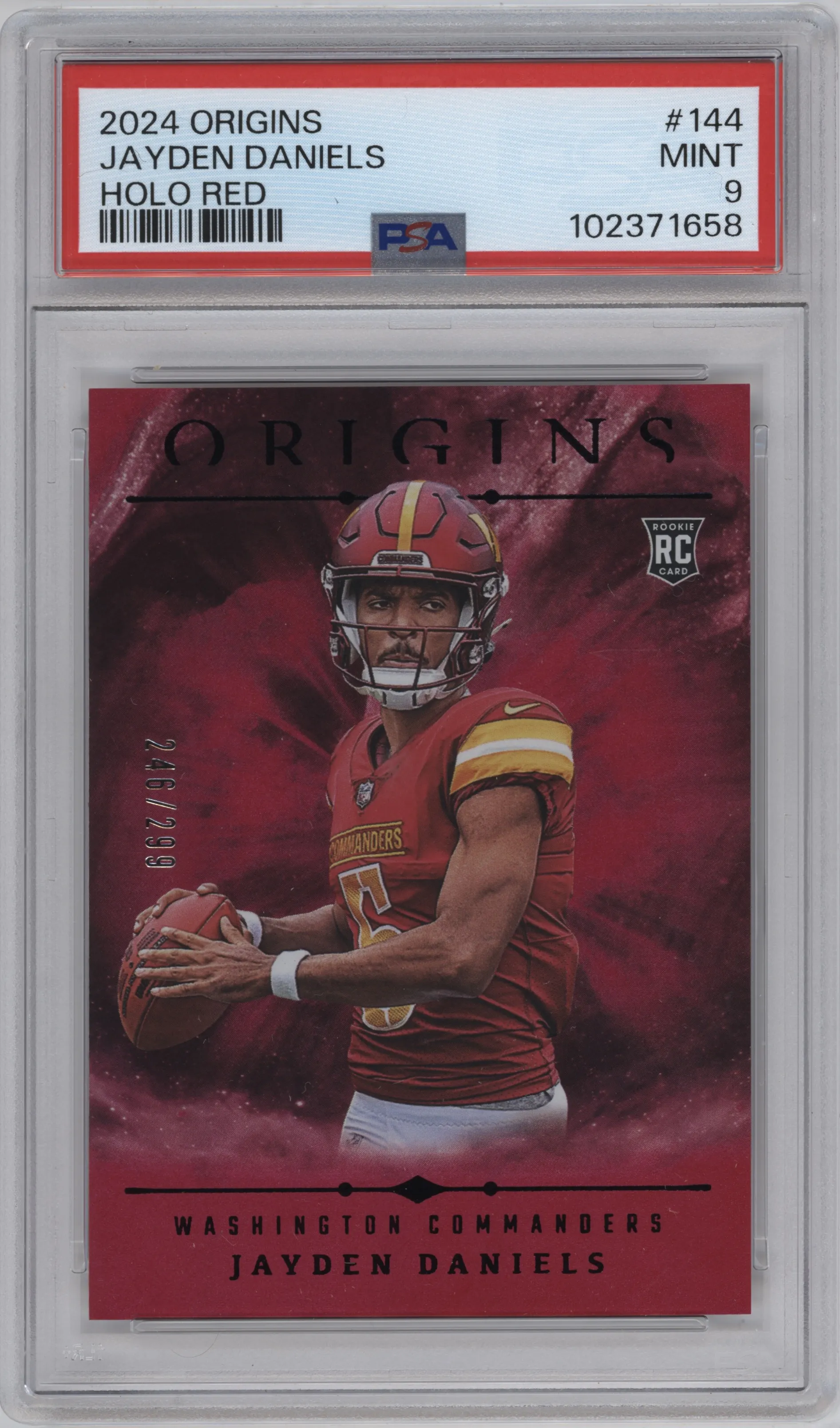 Jayden Daniels from the 2024 Panini Origins set featuring a Red Holo parallel graded by PSA and given an overall grade of 9.