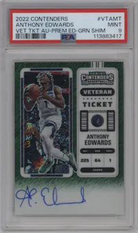 Anthony Edwards from the 2022-23 Panini Contenders set featuring a Green Shimmer parallel graded by PSA and given an overall grade of 9.
