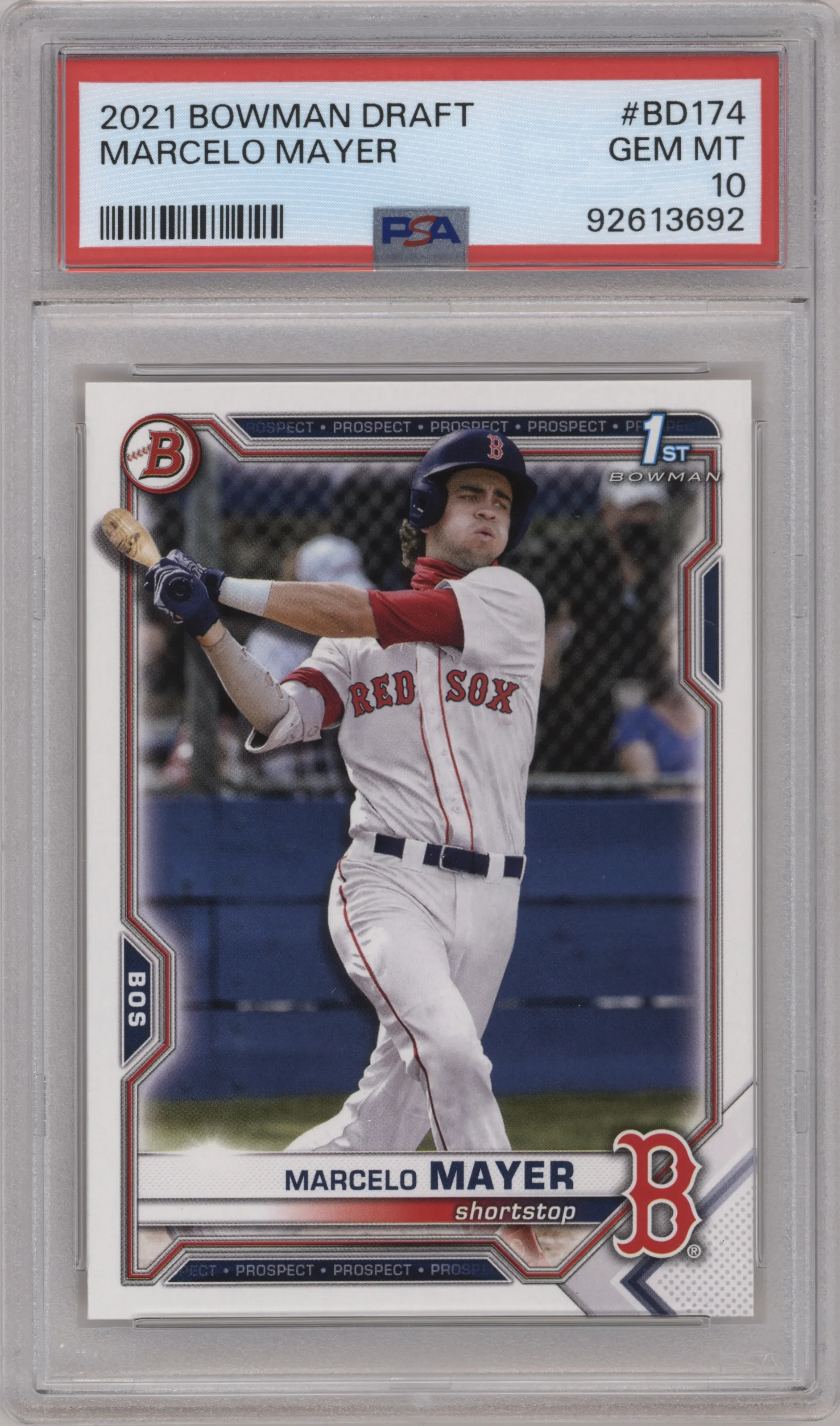 Marcelo Mayer from the 2021 Bowman Draft set graded by PSA and given an overall grade of 10.