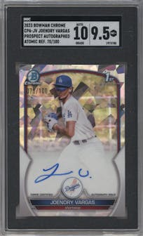 Joendry Vargas from the 2023 Bowman Chrome set featuring a Atomic Refractor parallel graded by SGC and given an overall grade of 9.5.