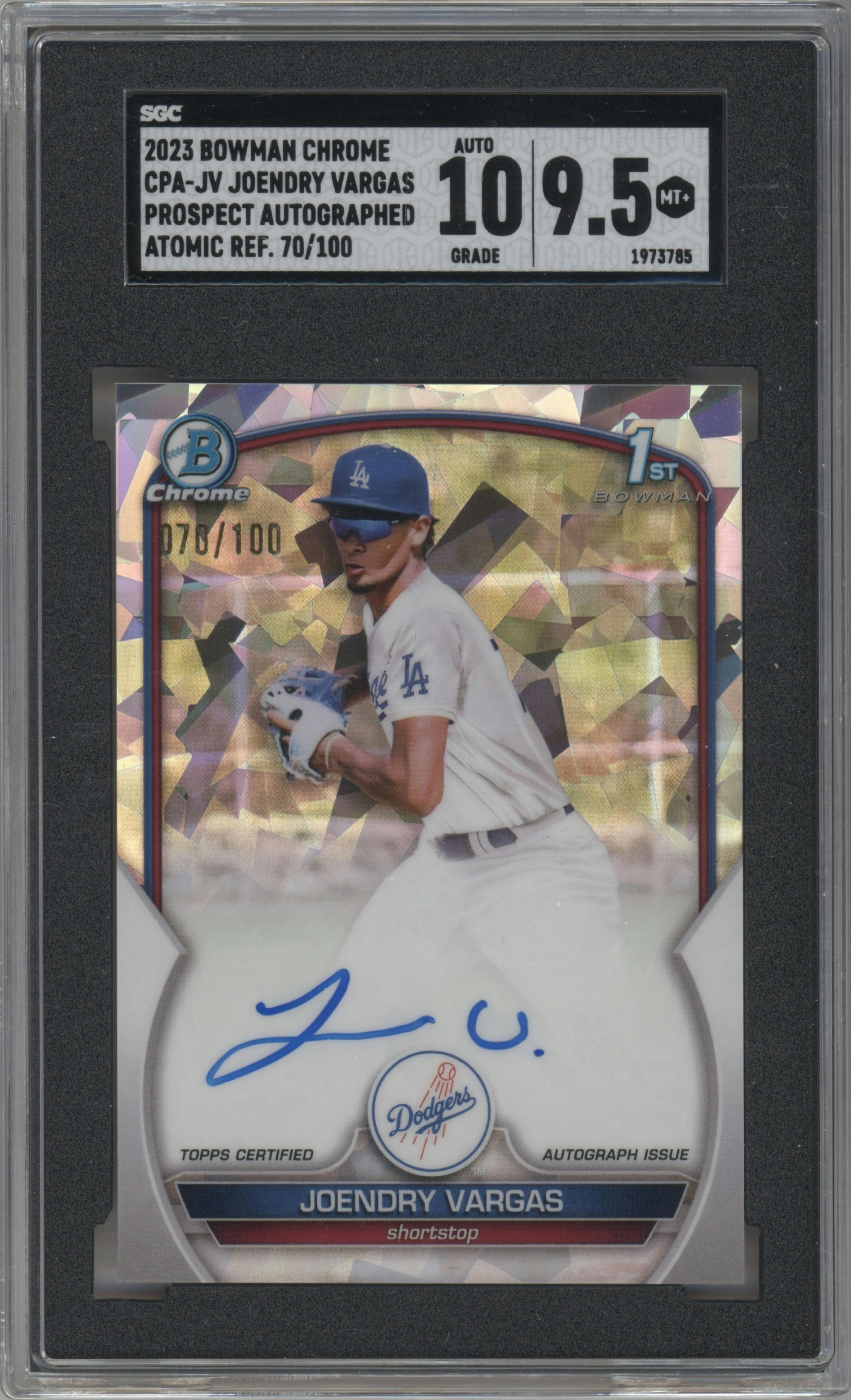 Joendry Vargas from the 2023 Bowman Chrome set featuring a Atomic Refractor parallel graded by SGC and given an overall grade of 9.5.