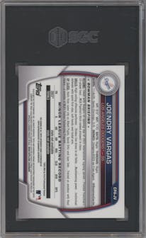 Joendry Vargas from the 2023 Bowman Chrome set featuring a Atomic Refractor parallel graded by SGC and given an overall grade of 9.5.