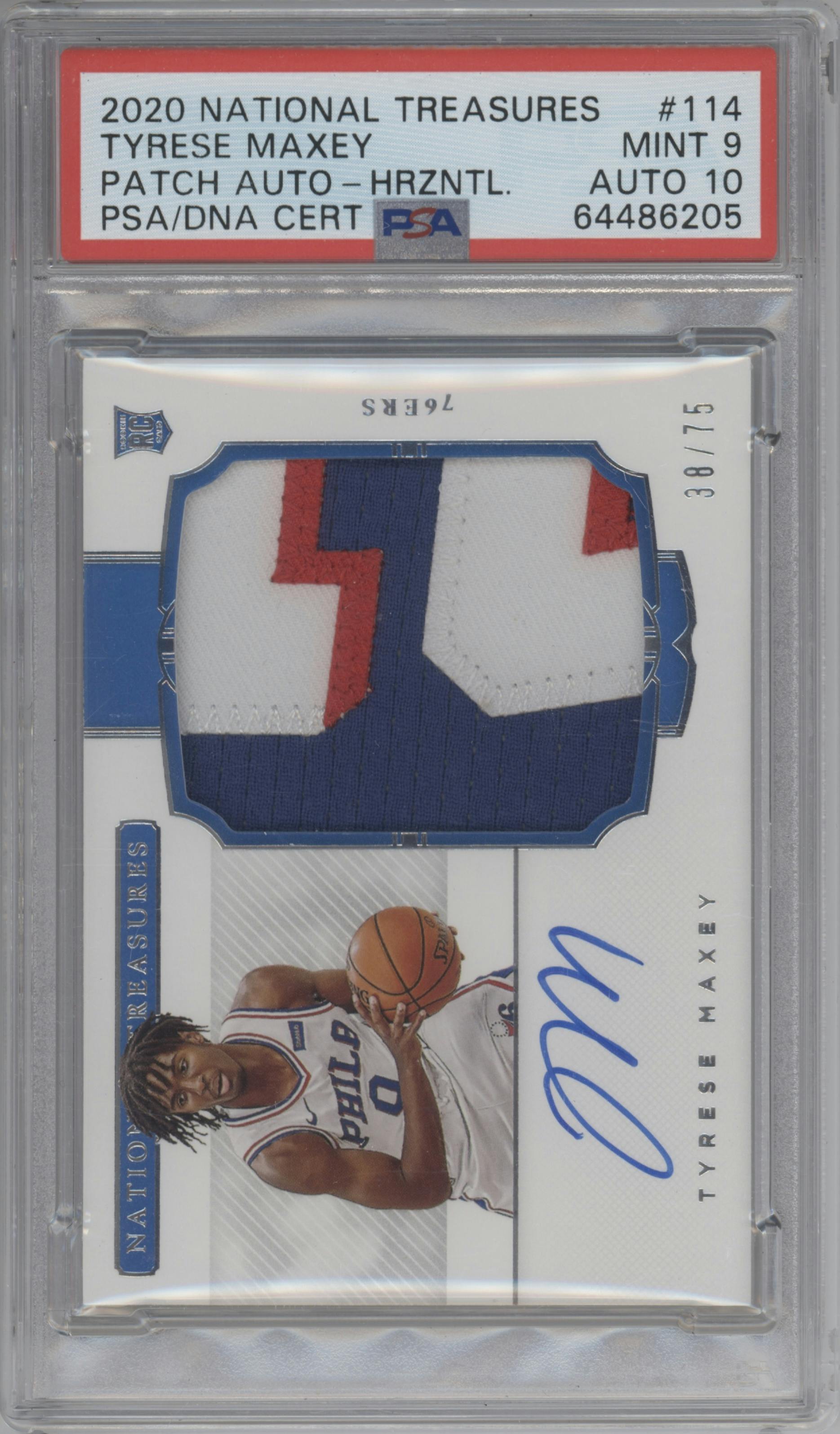 Tyrese Maxey from the 2020-21 Panini National Treasures set graded by PSA and given an overall grade of 9.