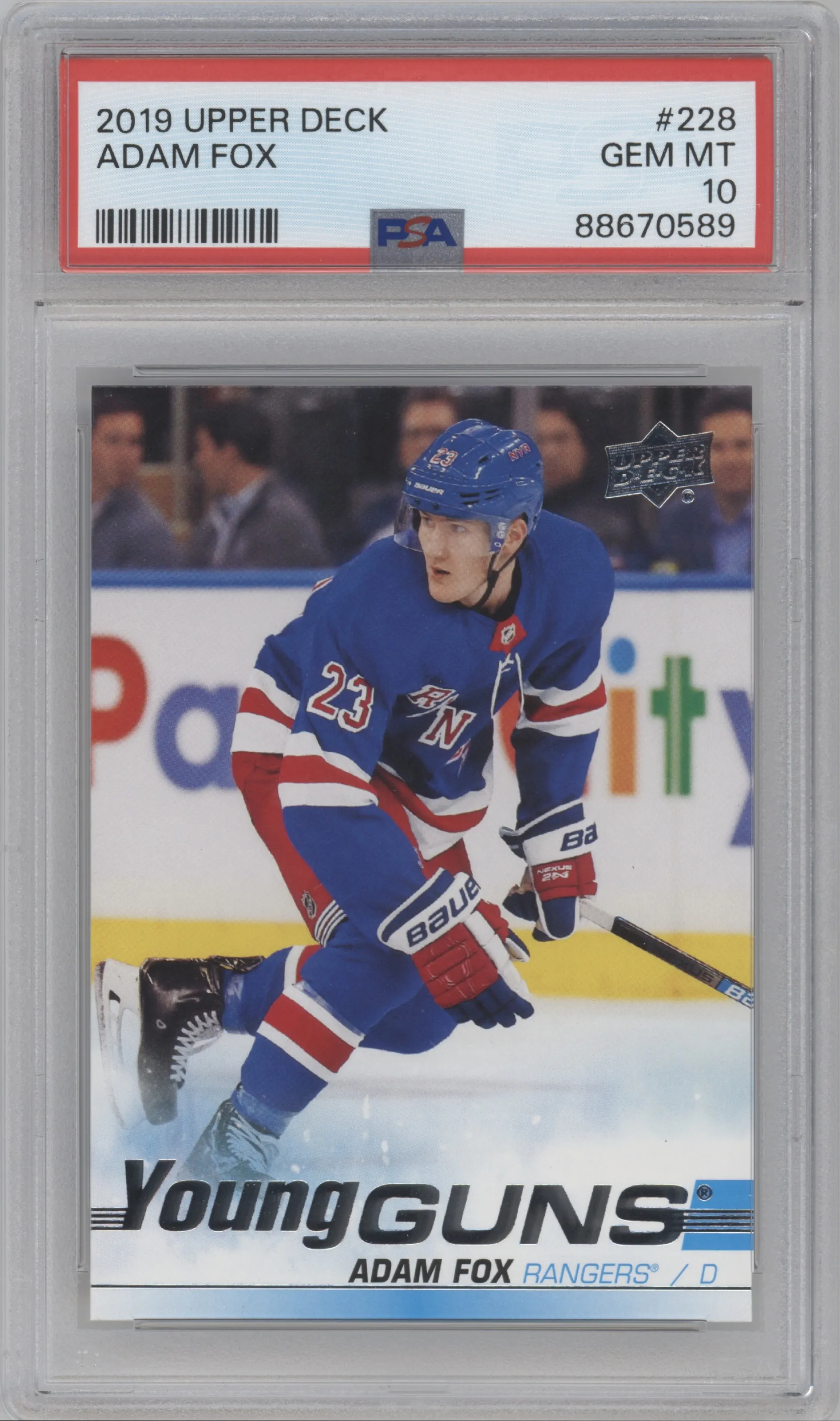 Adam Fox from the 2019-20 Upper Deck set graded by PSA and given an overall grade of 10.