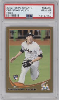 Christian Yelich from the 2013 Topps Update set featuring a Gold parallel graded by PSA and given an overall grade of 10.