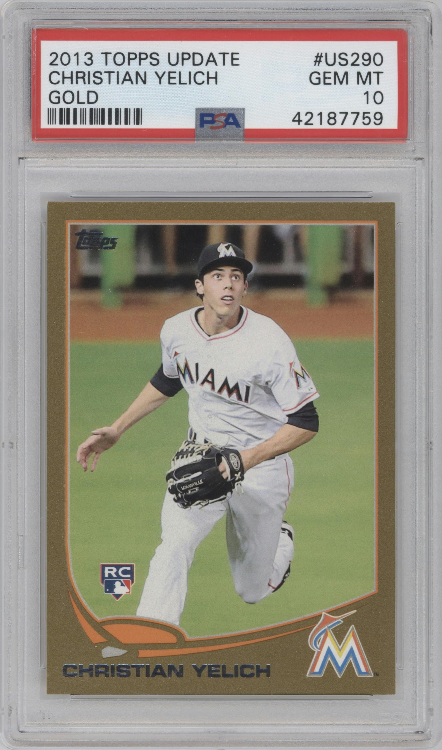 Christian Yelich from the 2013 Topps Update set featuring a Gold parallel graded by PSA and given an overall grade of 10.