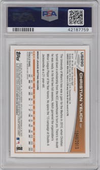 Christian Yelich from the 2013 Topps Update set featuring a Gold parallel graded by PSA and given an overall grade of 10.