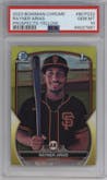 Rayner Arias from the 2023 Bowman Chrome set featuring a Yellow Refractor parallel graded by PSA and given an overall grade of 10.
