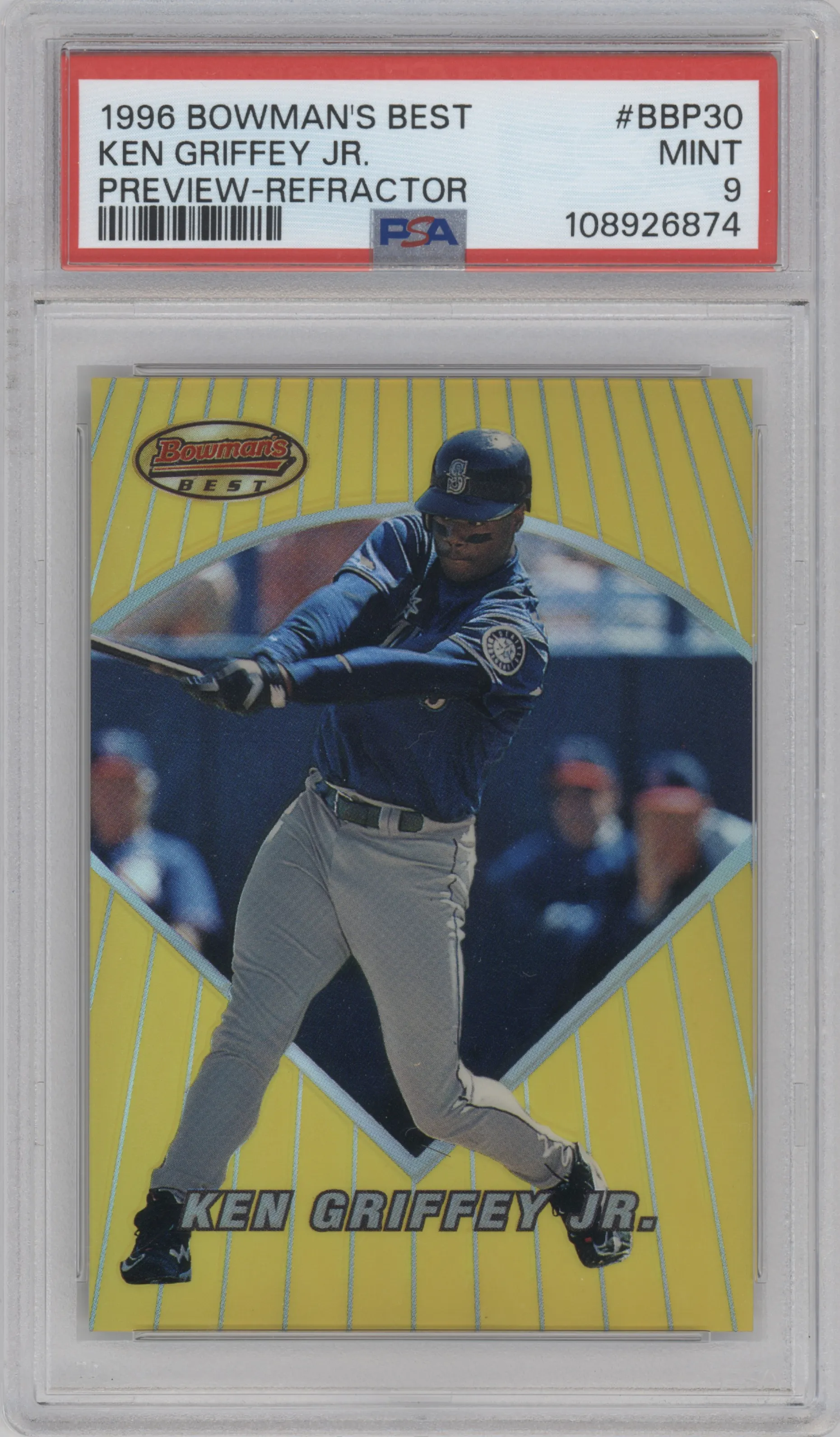 Ken Griffey Jr. from the 1996 Bowman's Best set featuring a Refractor parallel graded by PSA and given an overall grade of 9.